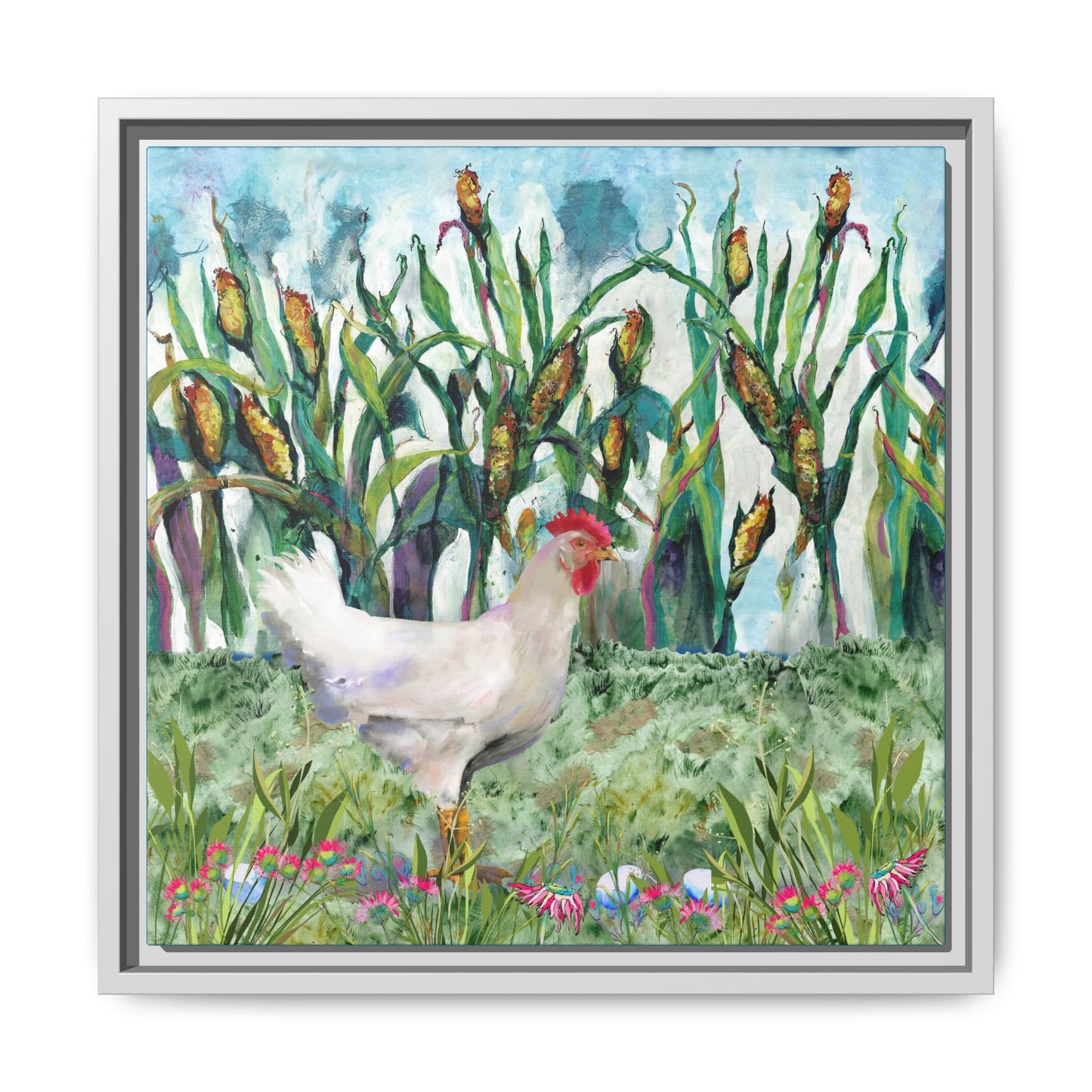 Framed artwork of a chicken in a grassy field with flowers and plants, white frame