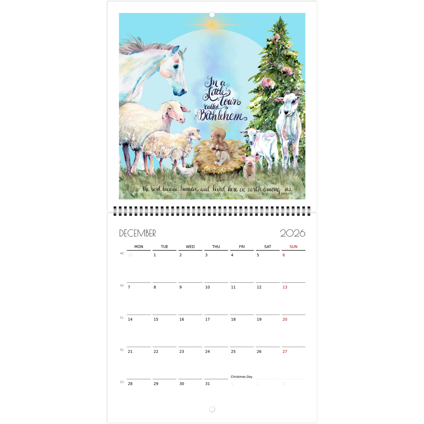 Calendar page for December 2026 with manger scene of Jesus with a horse, sheep, goats and a baby pig in front of Christmas tree