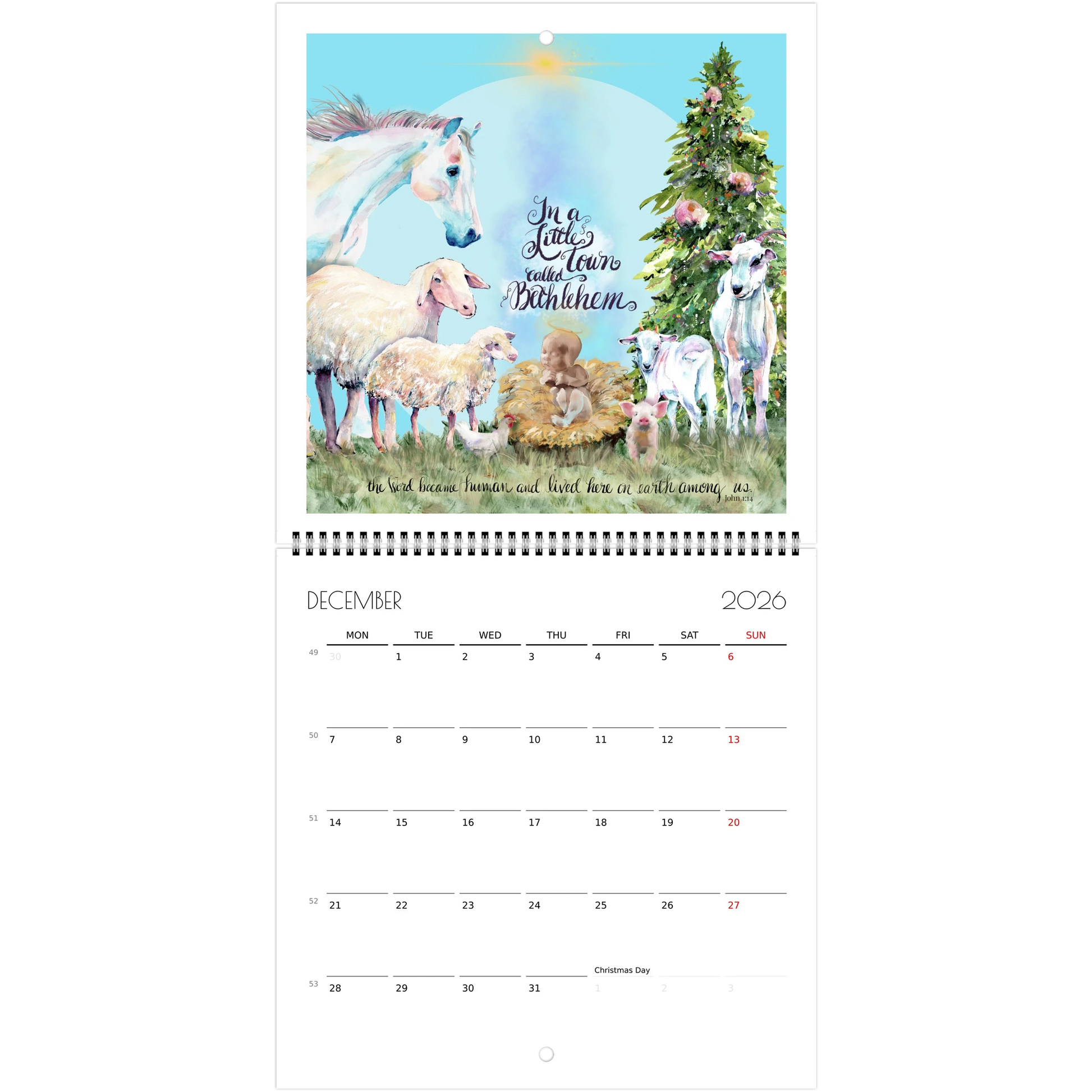 Calendar page for December 2026 with manger scene of Jesus with a horse, sheep, goats and a baby pig in front of Christmas tree