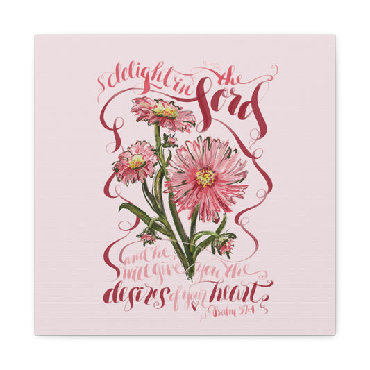 Canvas print of Bible verse Delight in the Lord with pink flowers on a light pink background
