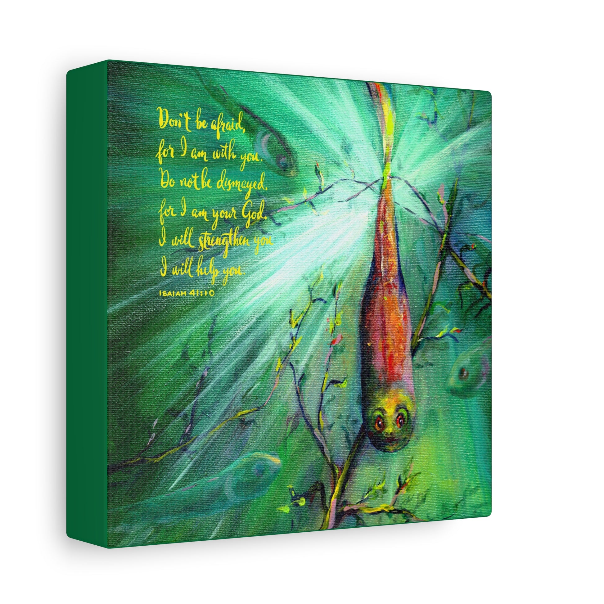 Canvas print side view with tadpole illustration and Bible quote Do Not Be Afraid on a green background