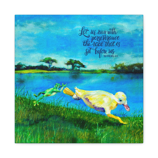 Painting of a duck and frog running towards a lake with a Bible quote Run with Perseverance