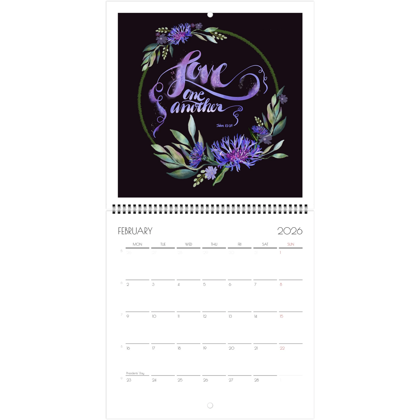 Calendar page for February 2026 Bible verse Love one another and floral border