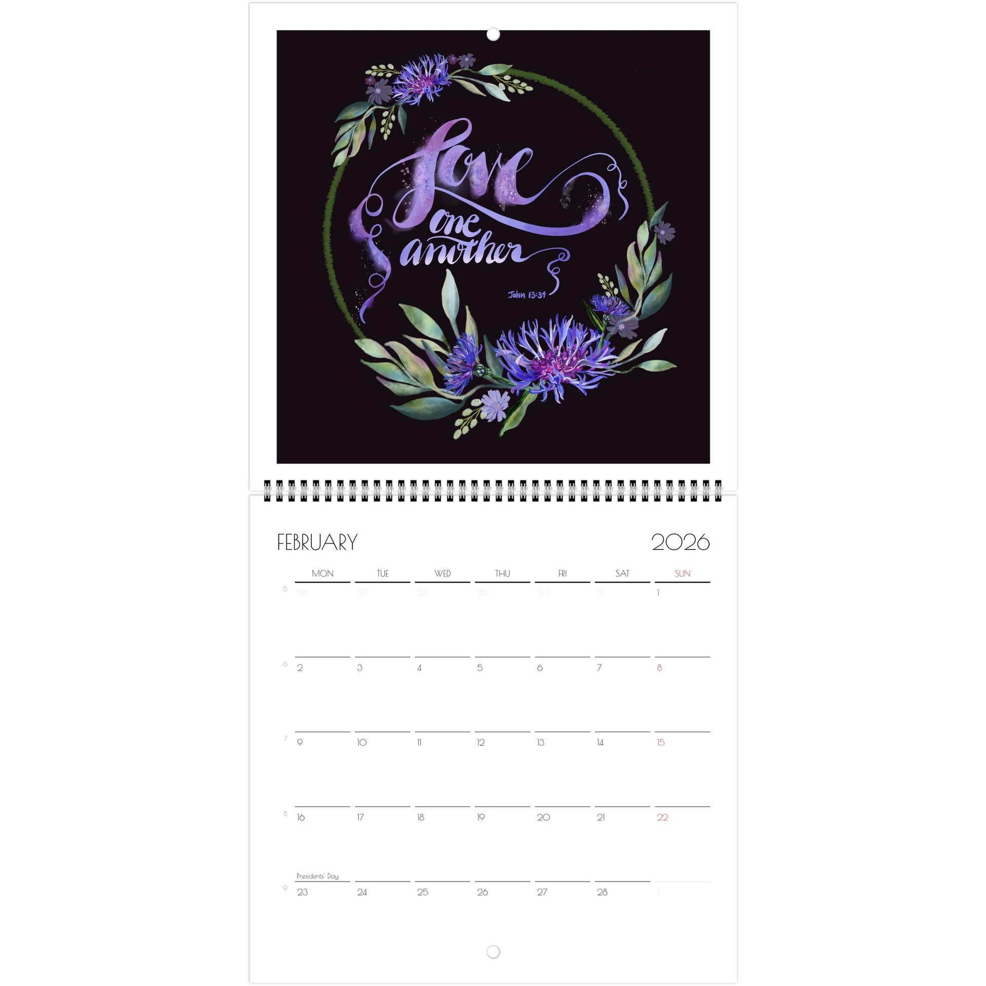 Calendar page for February 2026 Bible verse Love one another and floral border