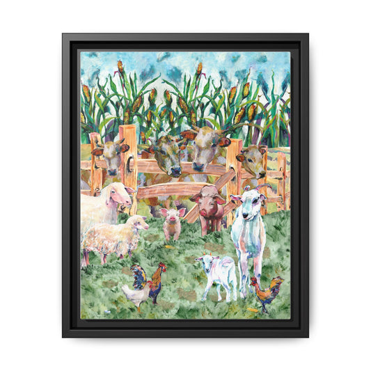 Framed artwork of farm animals including sheep, goats, and chickens in a field with corn stalks. Blackkframe
