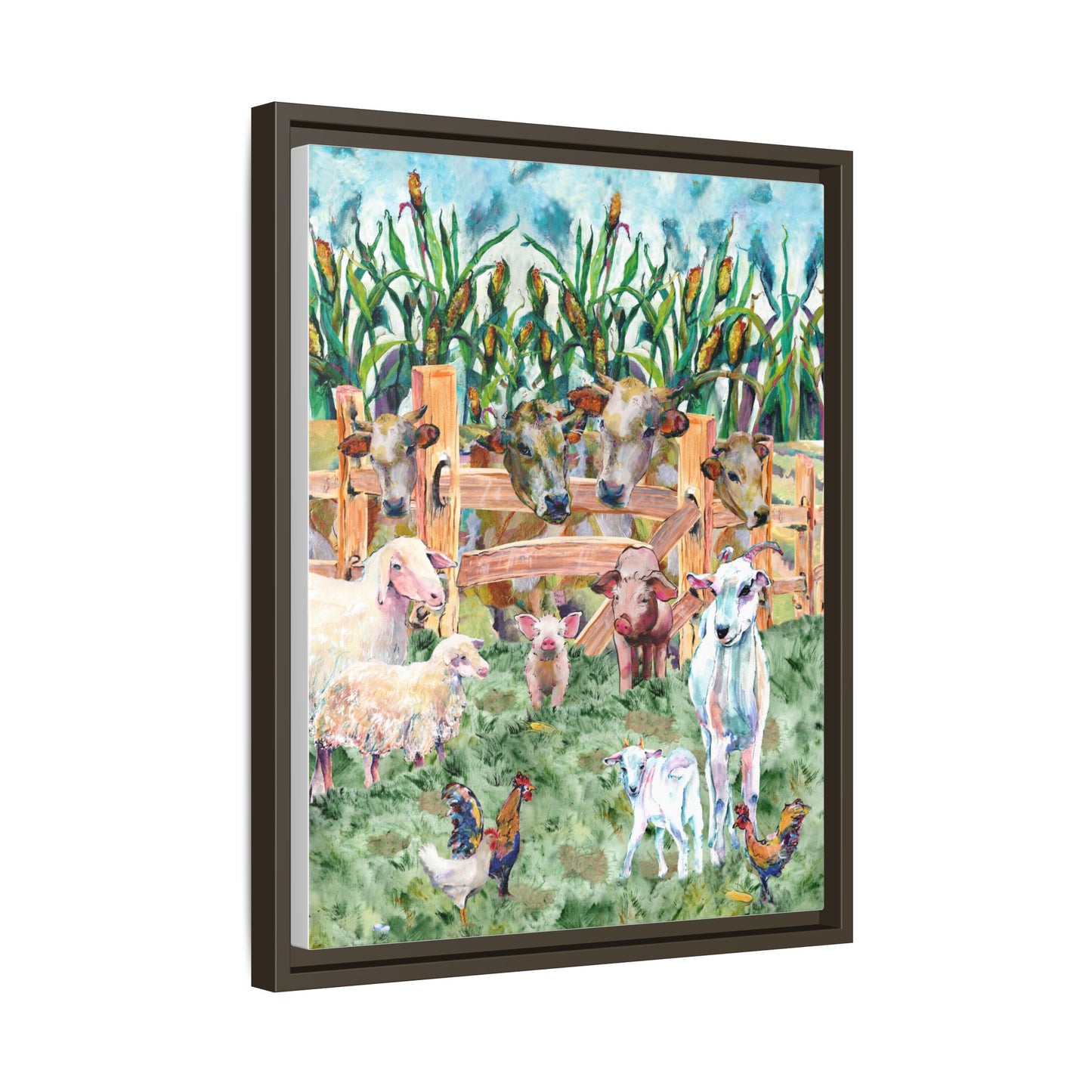 Framed artwork of farm animals in a field with a wooden fence. Black frame side view