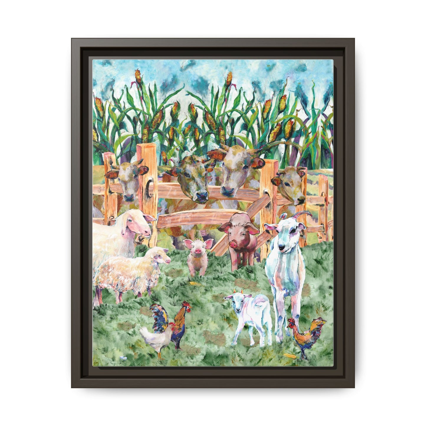Framed artwork of farm animals including sheep, pigs, and chickens in a field with corn stalks. Espresso Frame