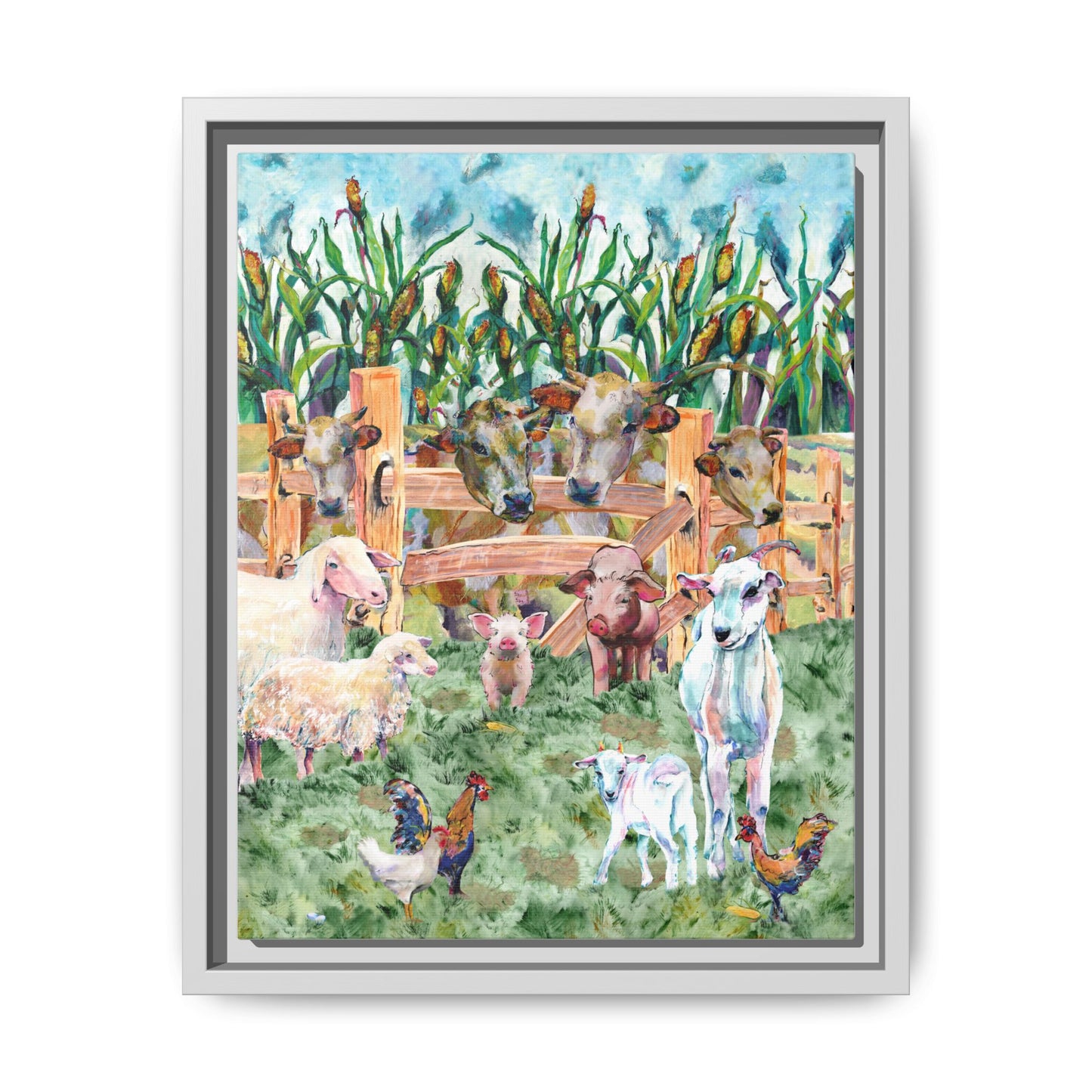 Framed artwork of farm animals including sheep, goats, and chickens in a field with corn stalks. White frame