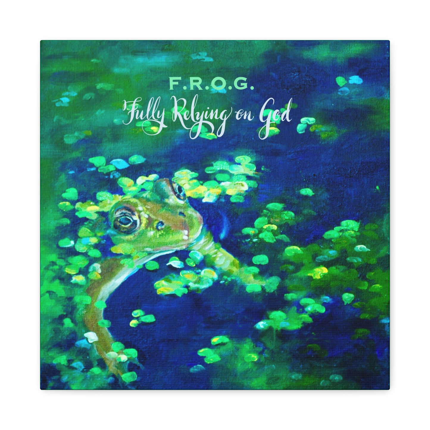 Artistic depiction of a frog in water with 'F.R.O.G. Fully Relying on God' text.