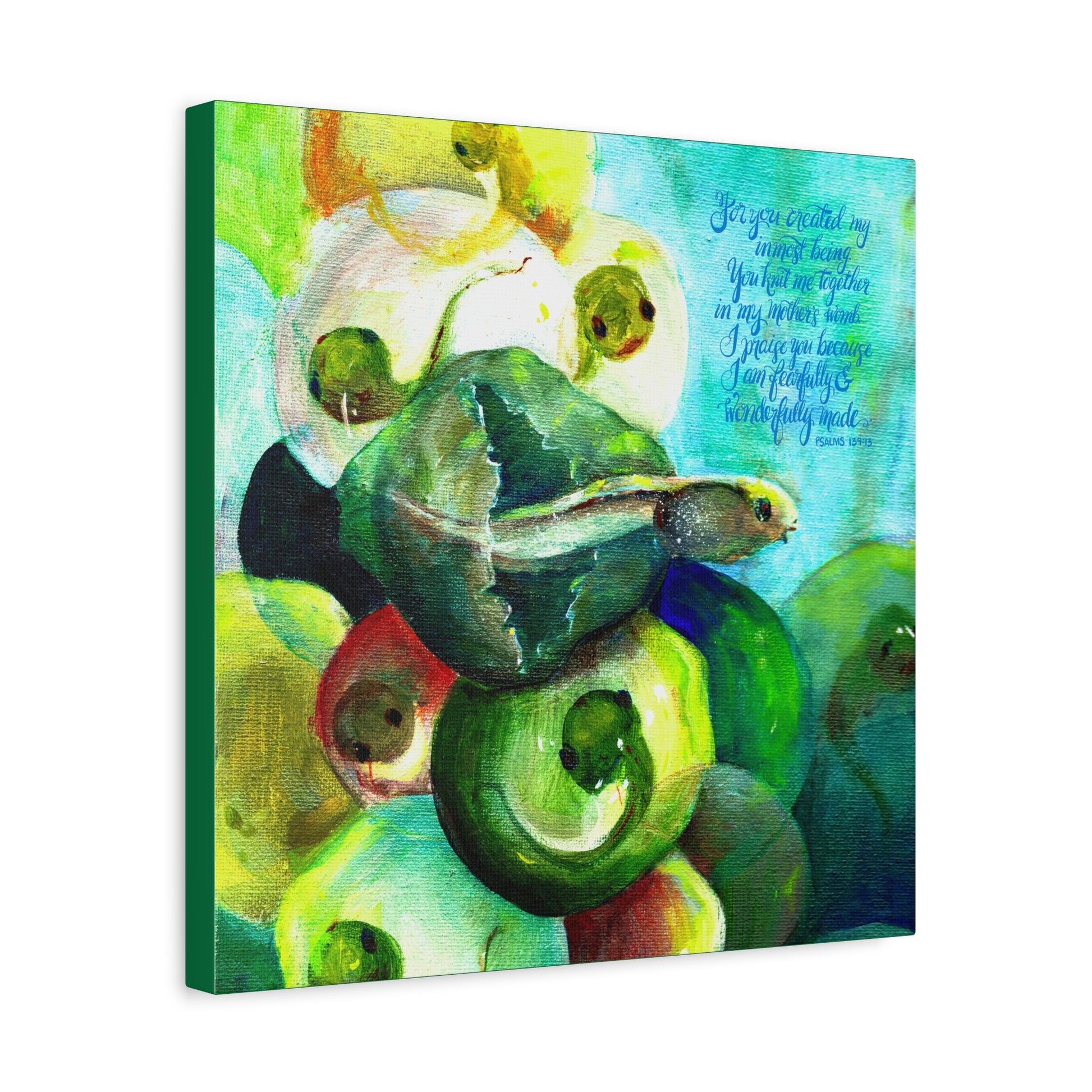 Colorful abstract painting with a tadpole and Bible Verse Wonderfully Made on white background