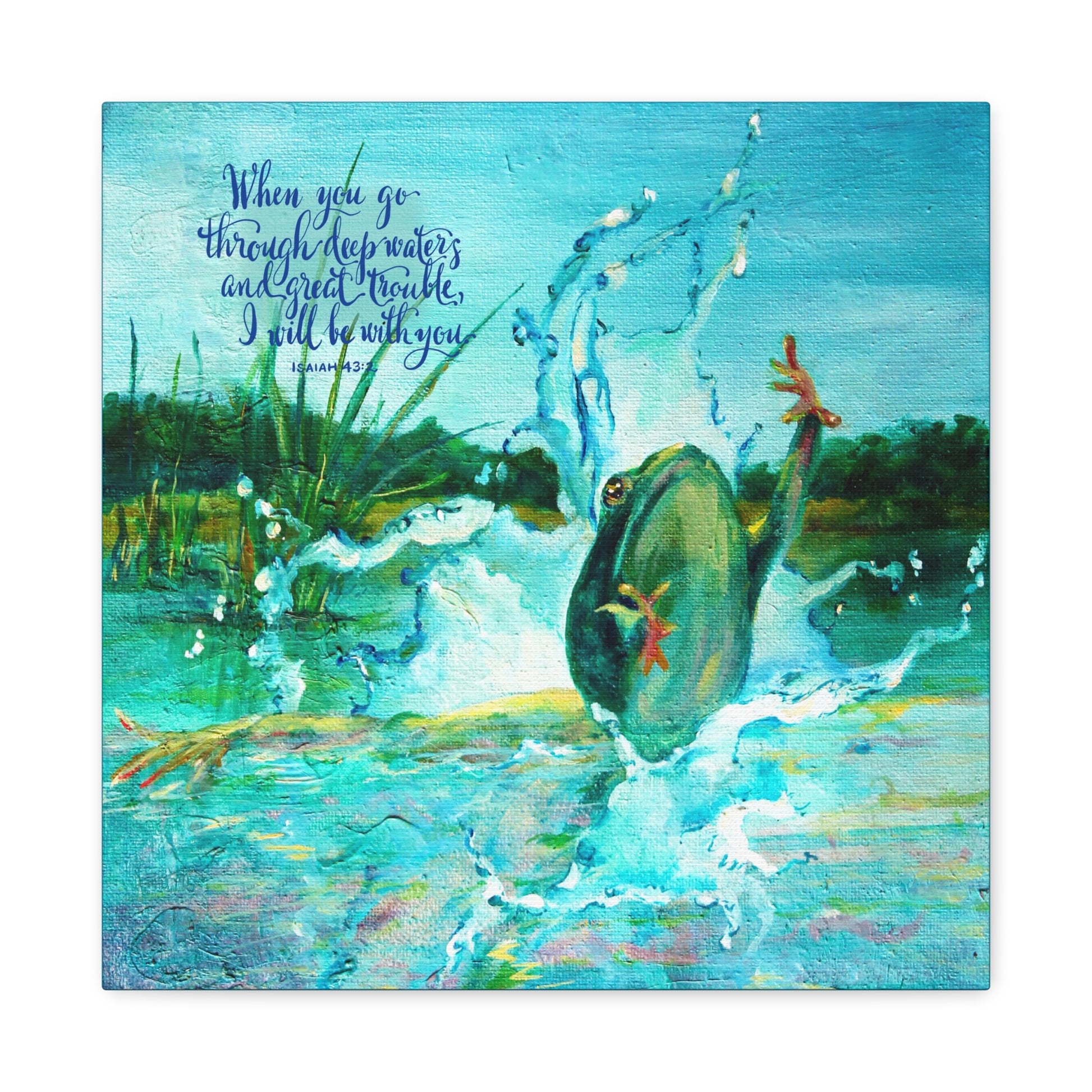 Frog leaping out of water with inspirational Bible quote When you go through deep waters on a blue background
