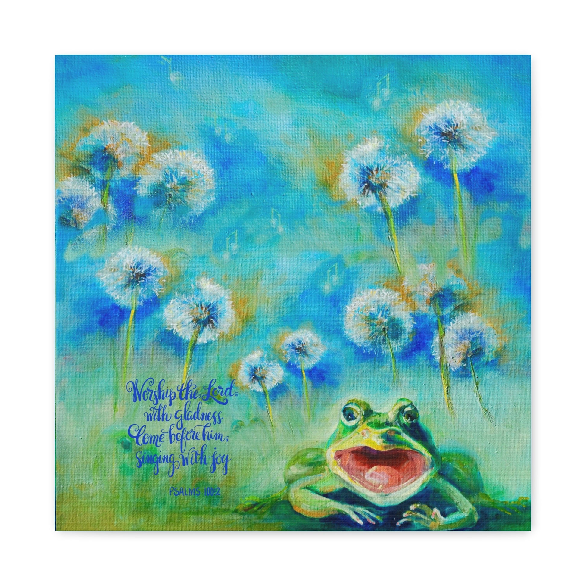 Painting of a frog among dandelions with a blue sky background and Bible quote Worship the Lord with Gladness