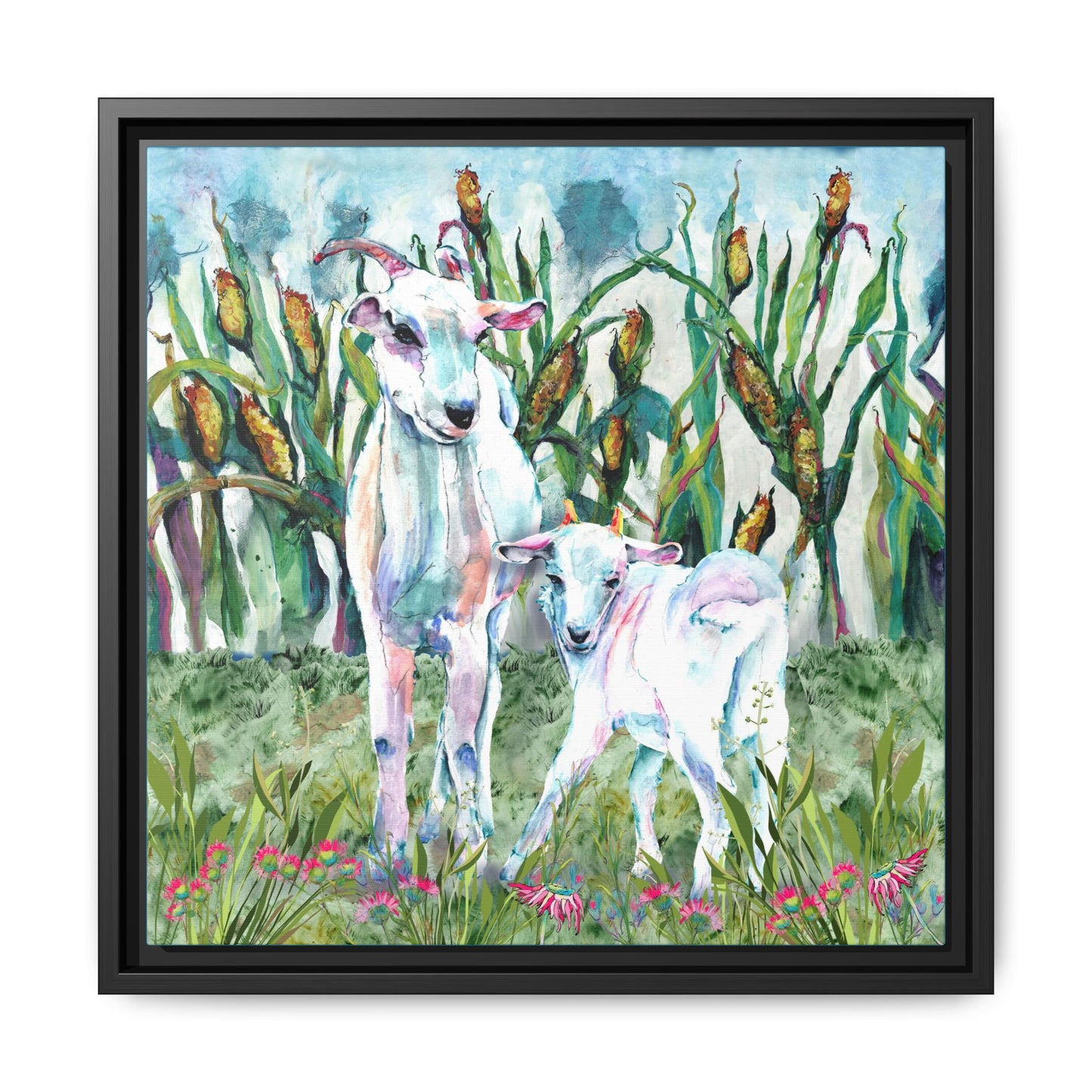 Framed artwork of two goats in a grassy field with flowers and plants. Black frame