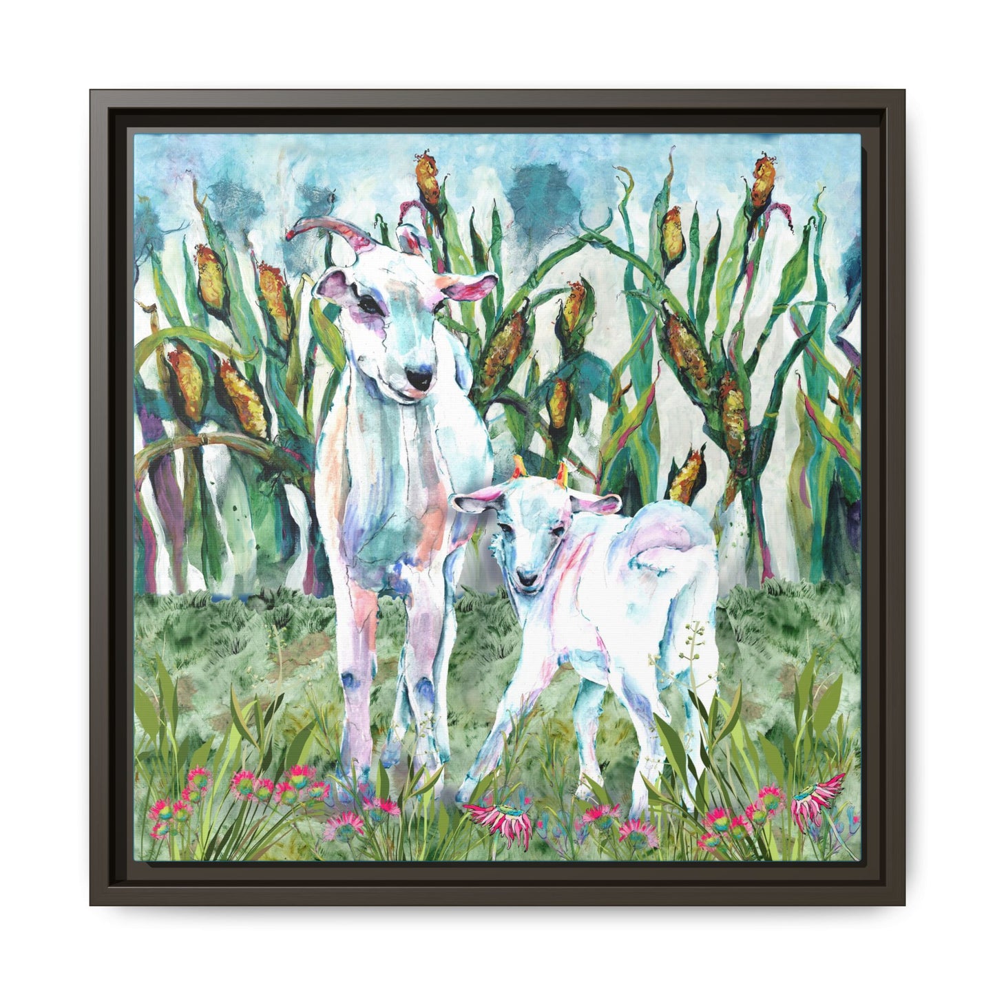 Framed artwork of two goats in a colorful landscape with flowers and plants. Espresso Frame