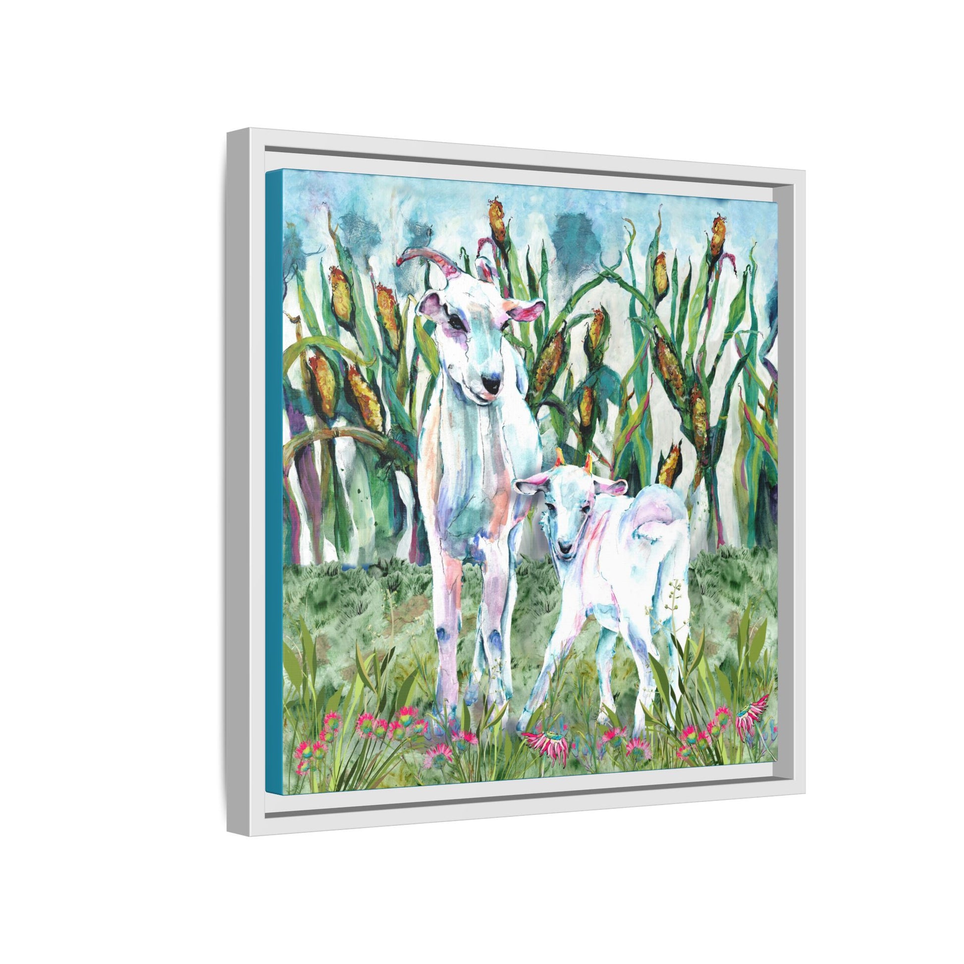 Side View Framed artwork of two goats in a field with flowers and cattails. White frame