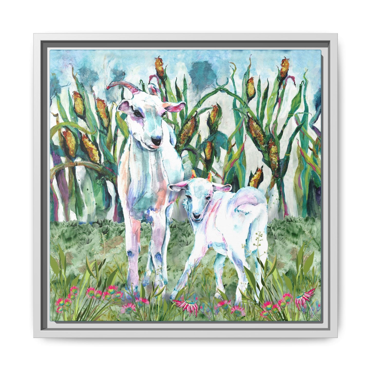 Framed artwork of two goats in a colorful landscape with flowers and plants. White Frame