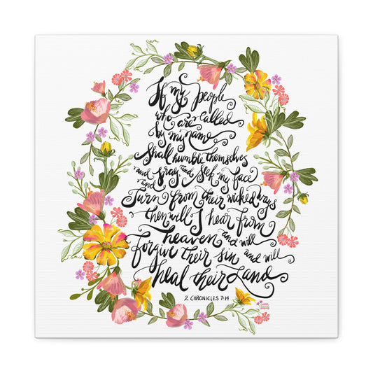 Floral wreath with black script Bible verse, If my people who are called by my name, on a white background