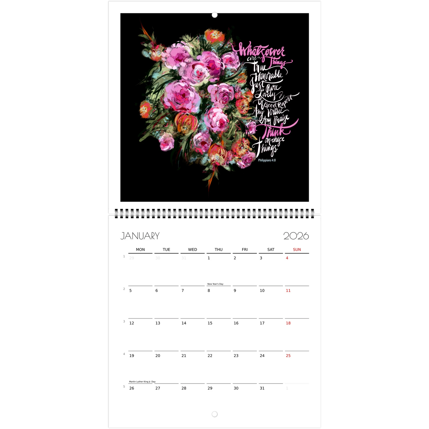 Wall Calendar January 2026 with floral design and Bible verse "Whatsoever things are true"