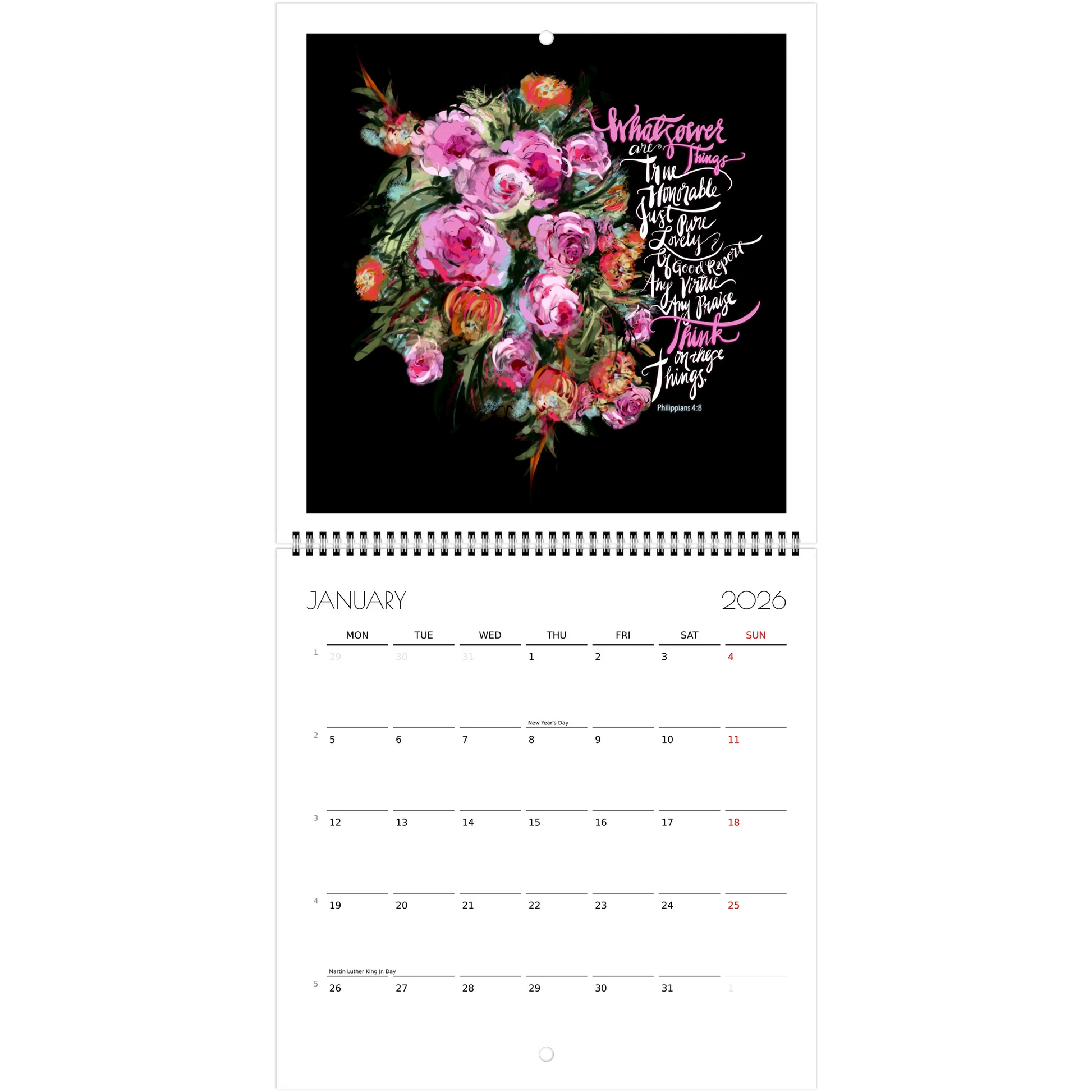 Wall Calendar January 2026 with floral design and Bible verse "Whatsoever things are true"