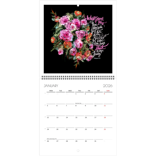 Wall Calendar January 2026 with floral design and Bible verse "Whatsoever things are true"