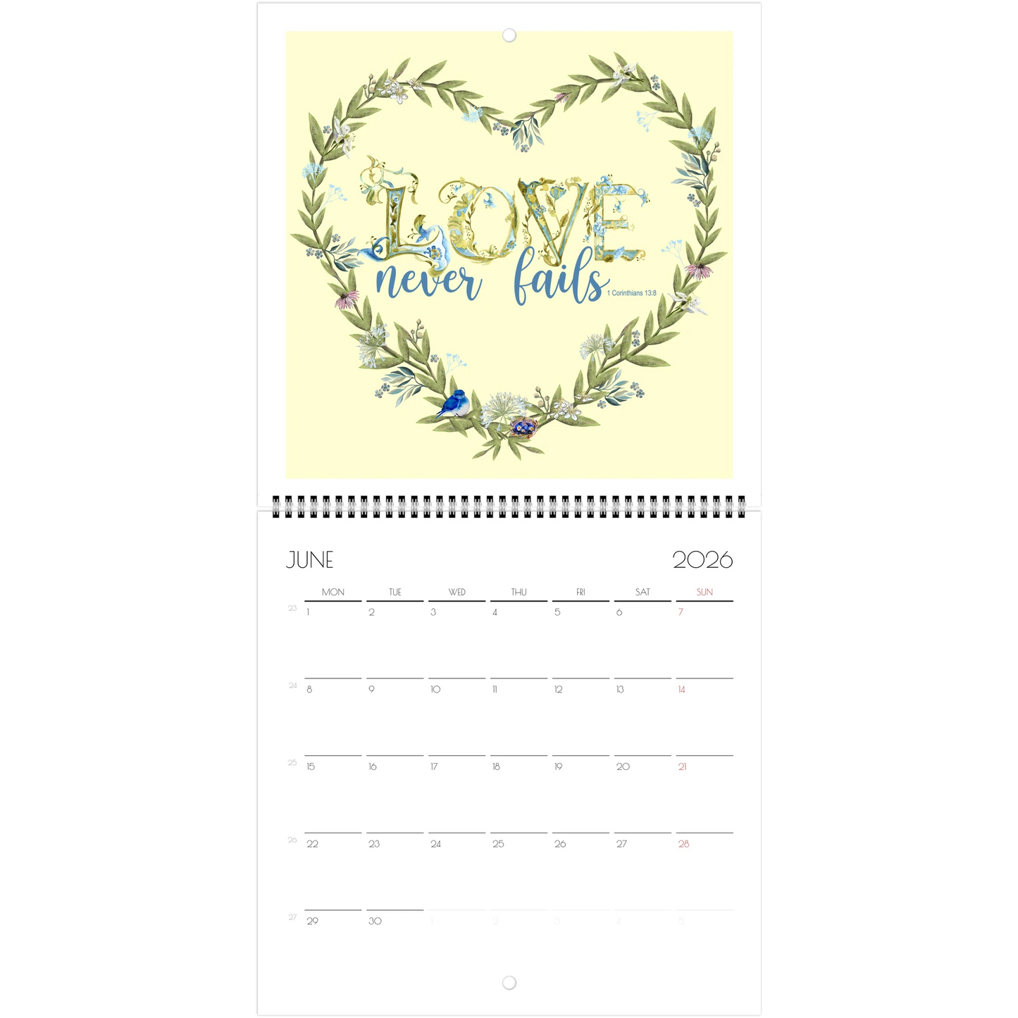 Calendar page for June 2026 with illuminated letters Bible verse "Love never fails" on pale yellow background