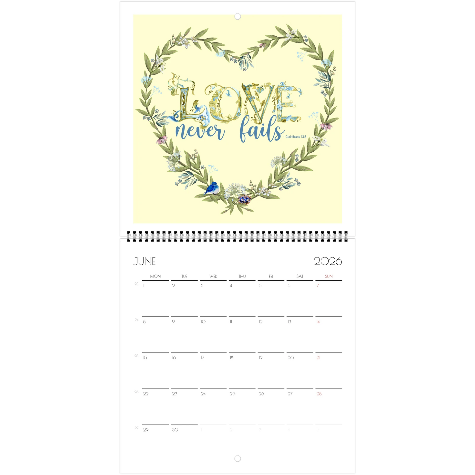 Calendar page for June 2026 with illuminated letters Bible verse "Love never fails" on pale yellow background