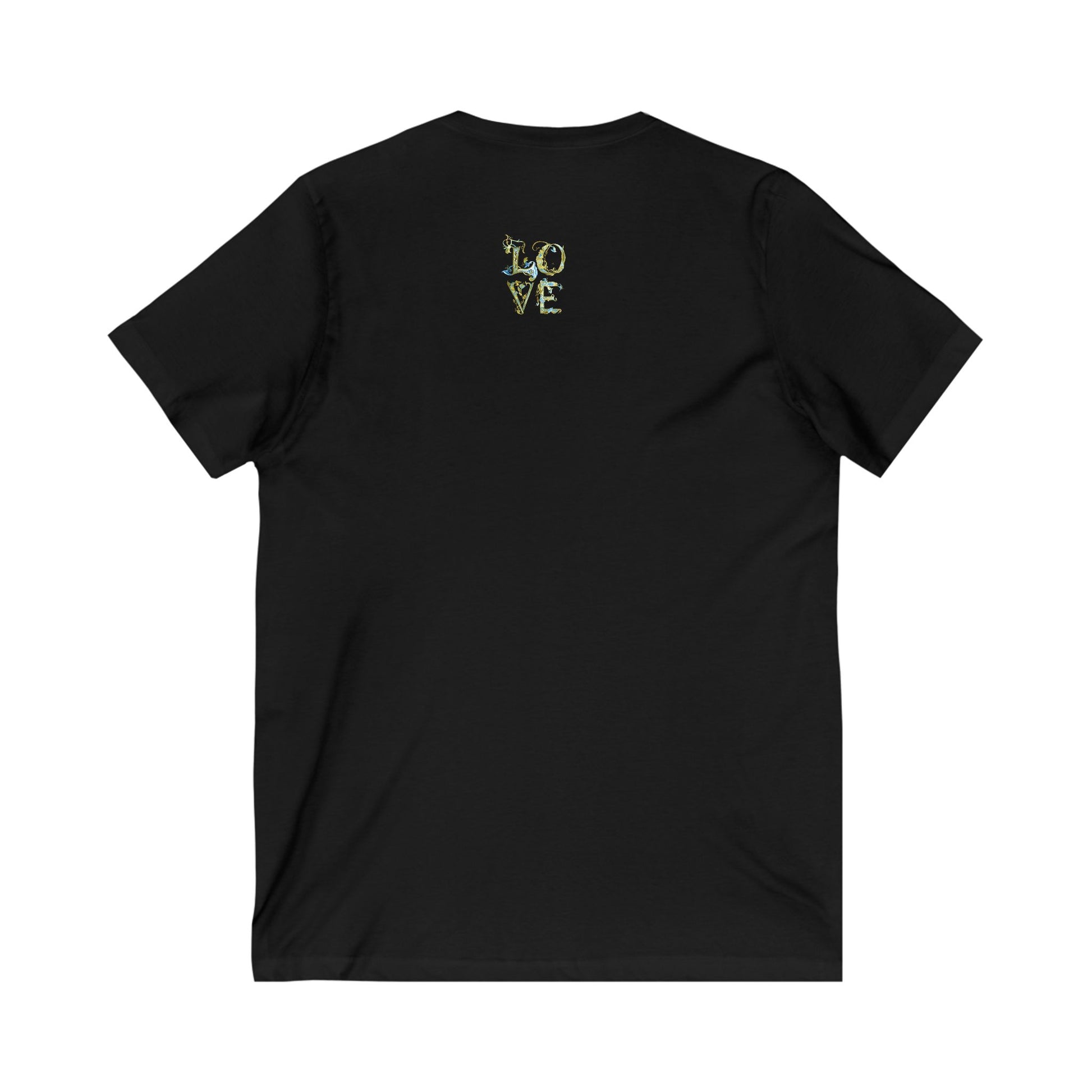 Black t-shirt with 'LOVE' printed in gold on the back against a white background