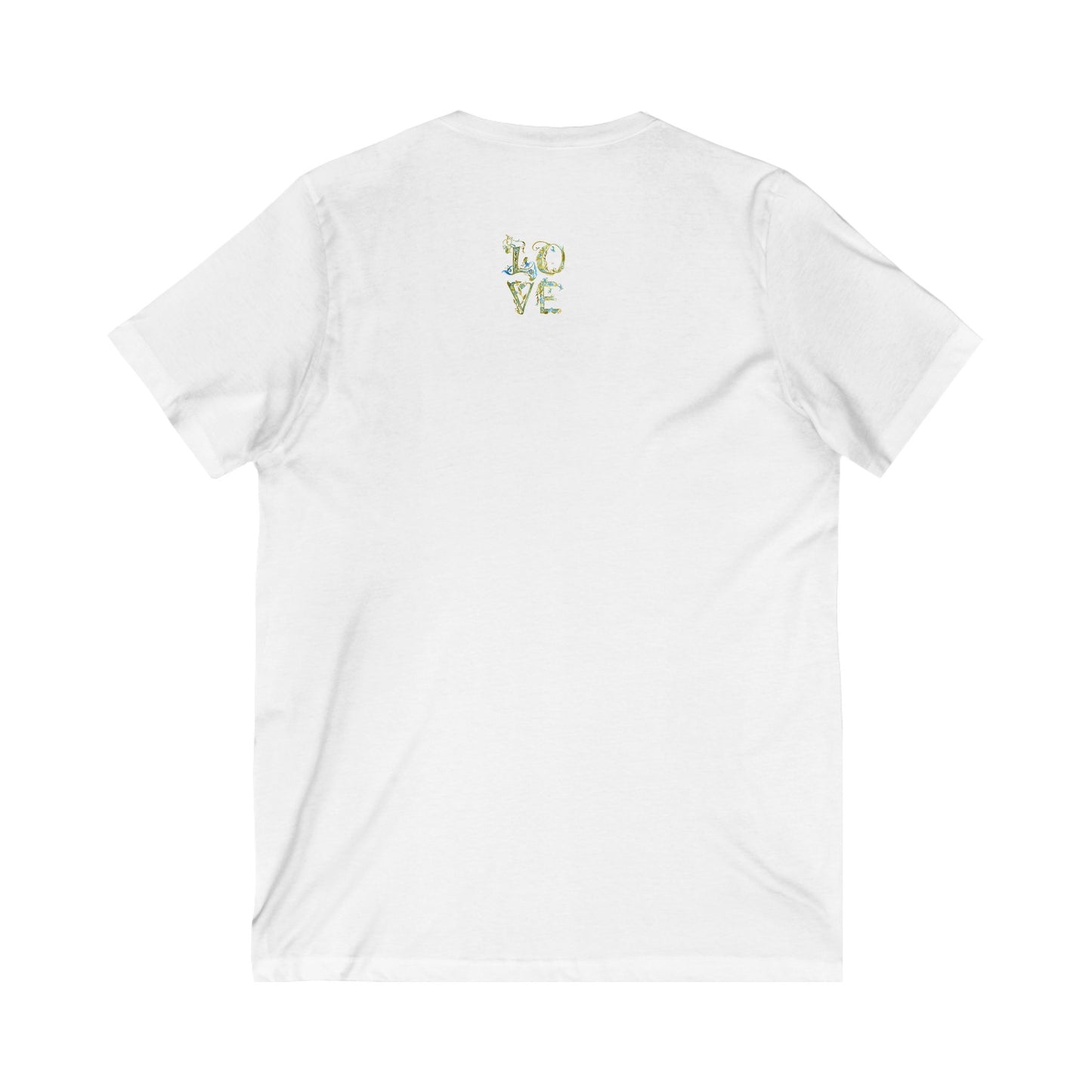 White t-shirt with 'LOVE' printed on the back against a white background