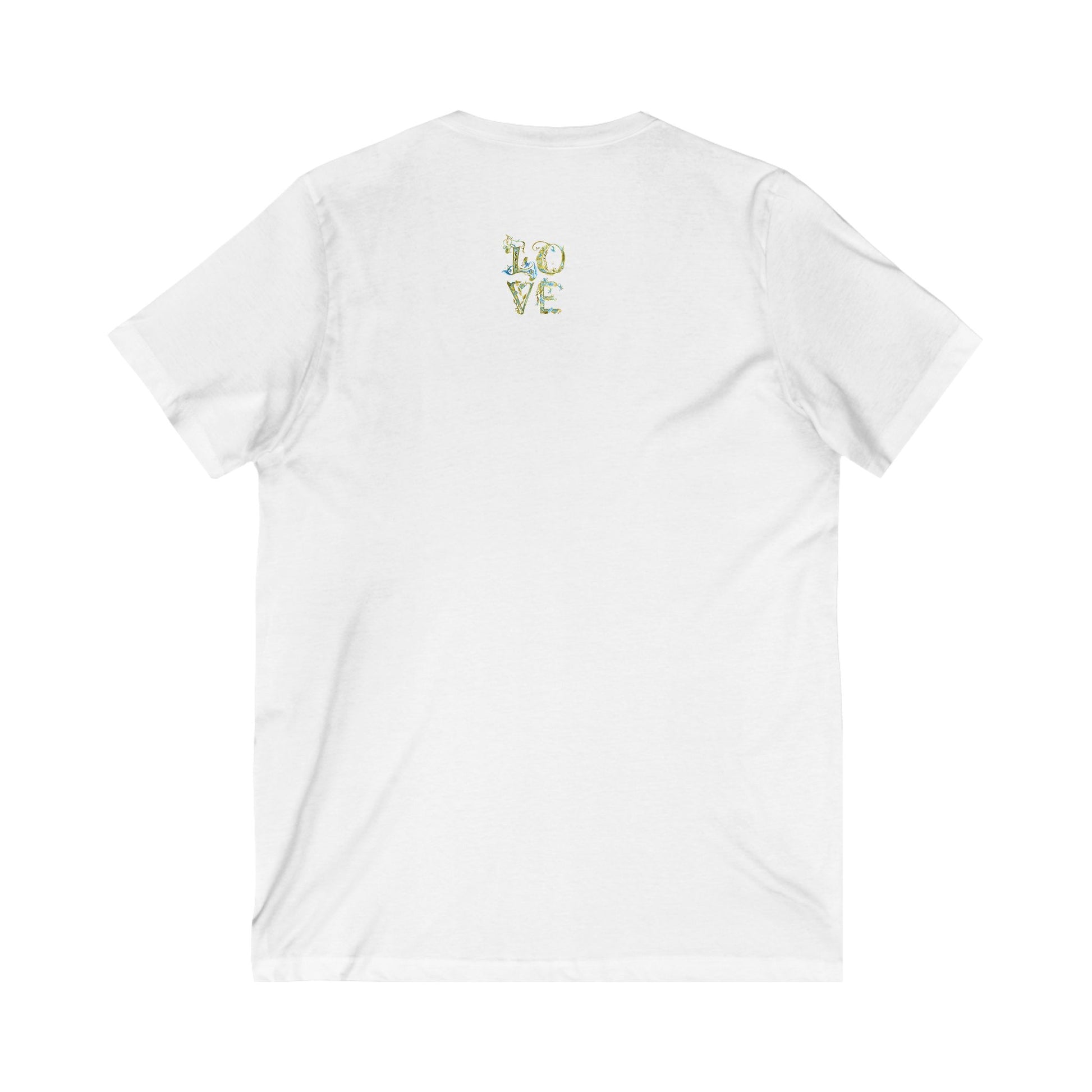 White t-shirt with 'LOVE' printed on the back against a white background