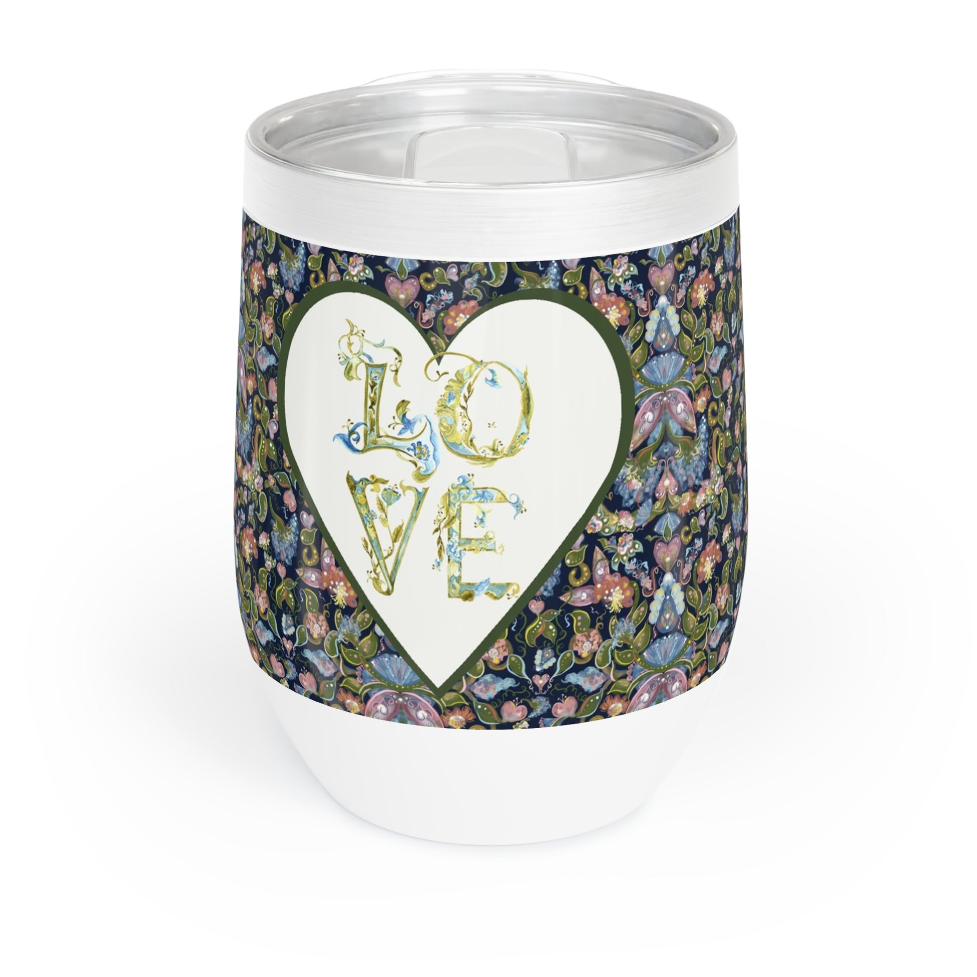 Wine chiller tumbler with a floral 'LOVE' design on a white background