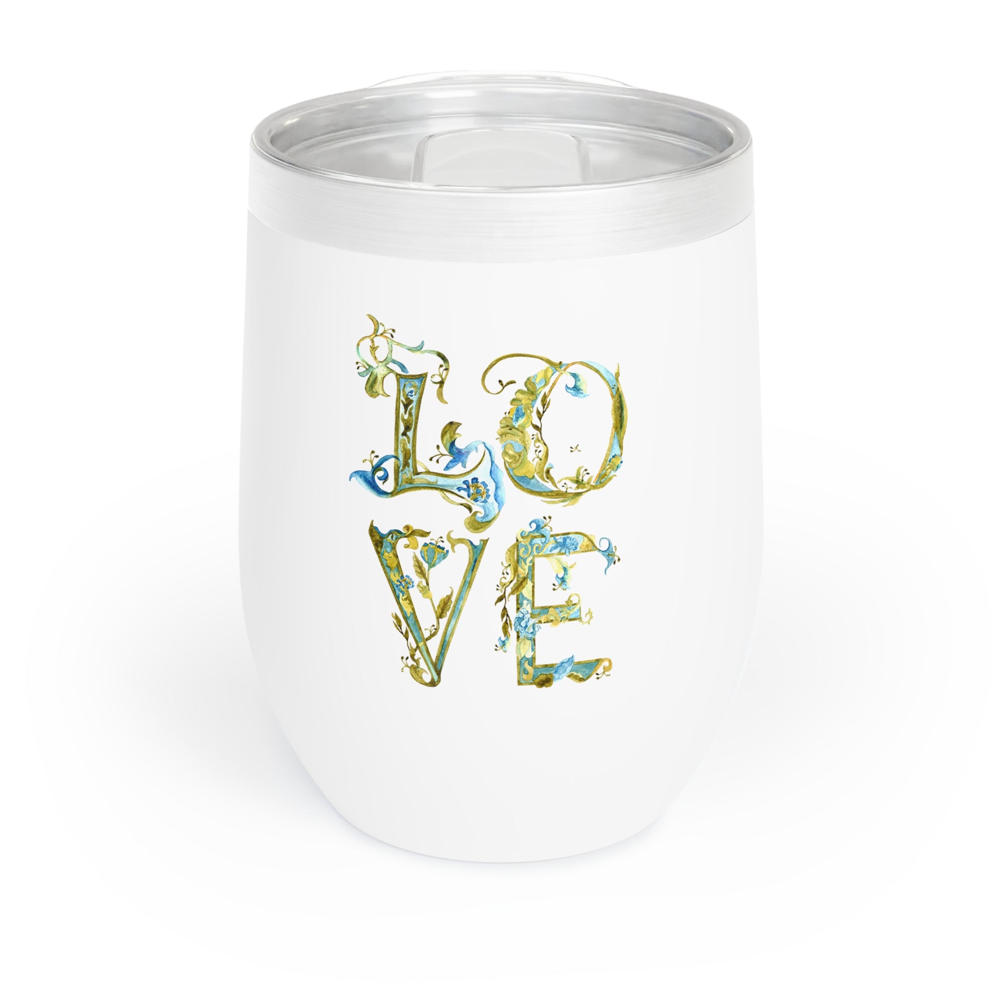 White wine chiller tumbler with decorative 'LOVE' text on a white background