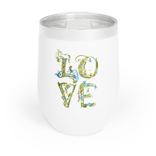 White wine chiller tumbler with decorative 'LOVE' text on a white background