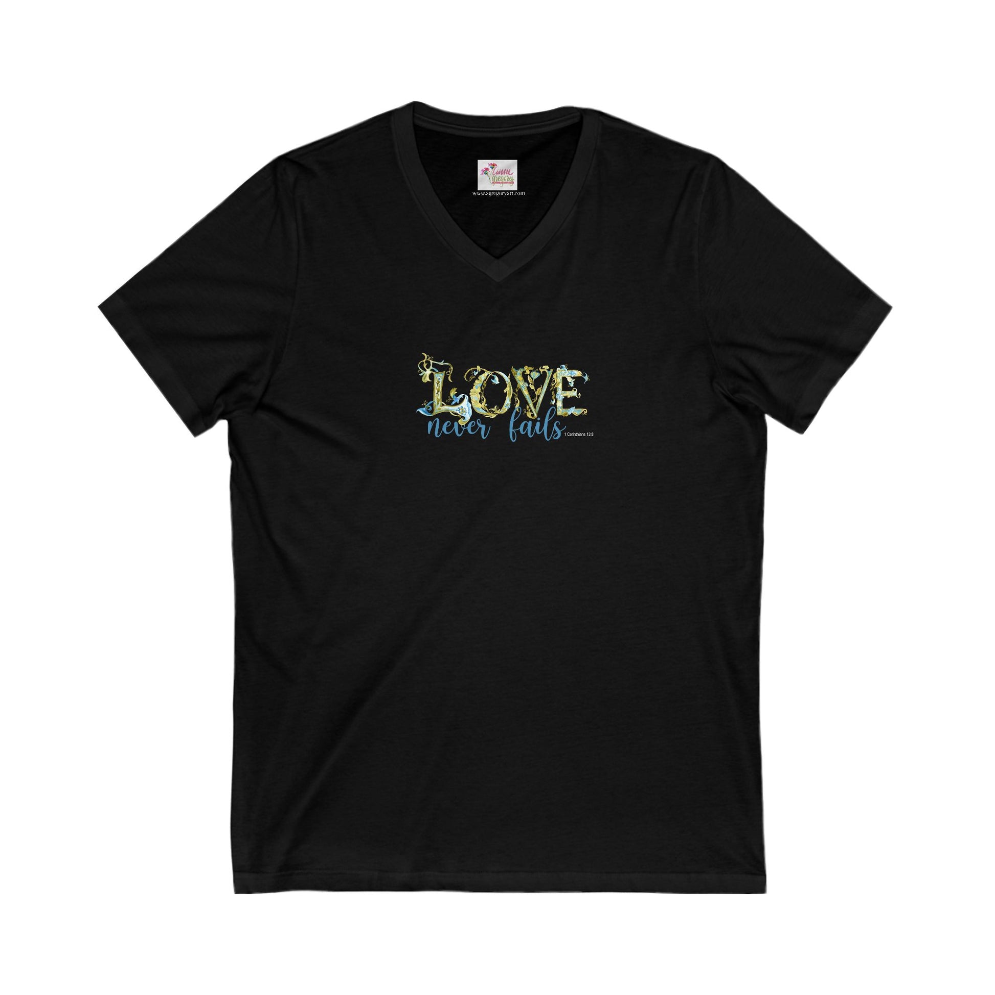 Black t-shirt with 'Love never fails' text on a white background