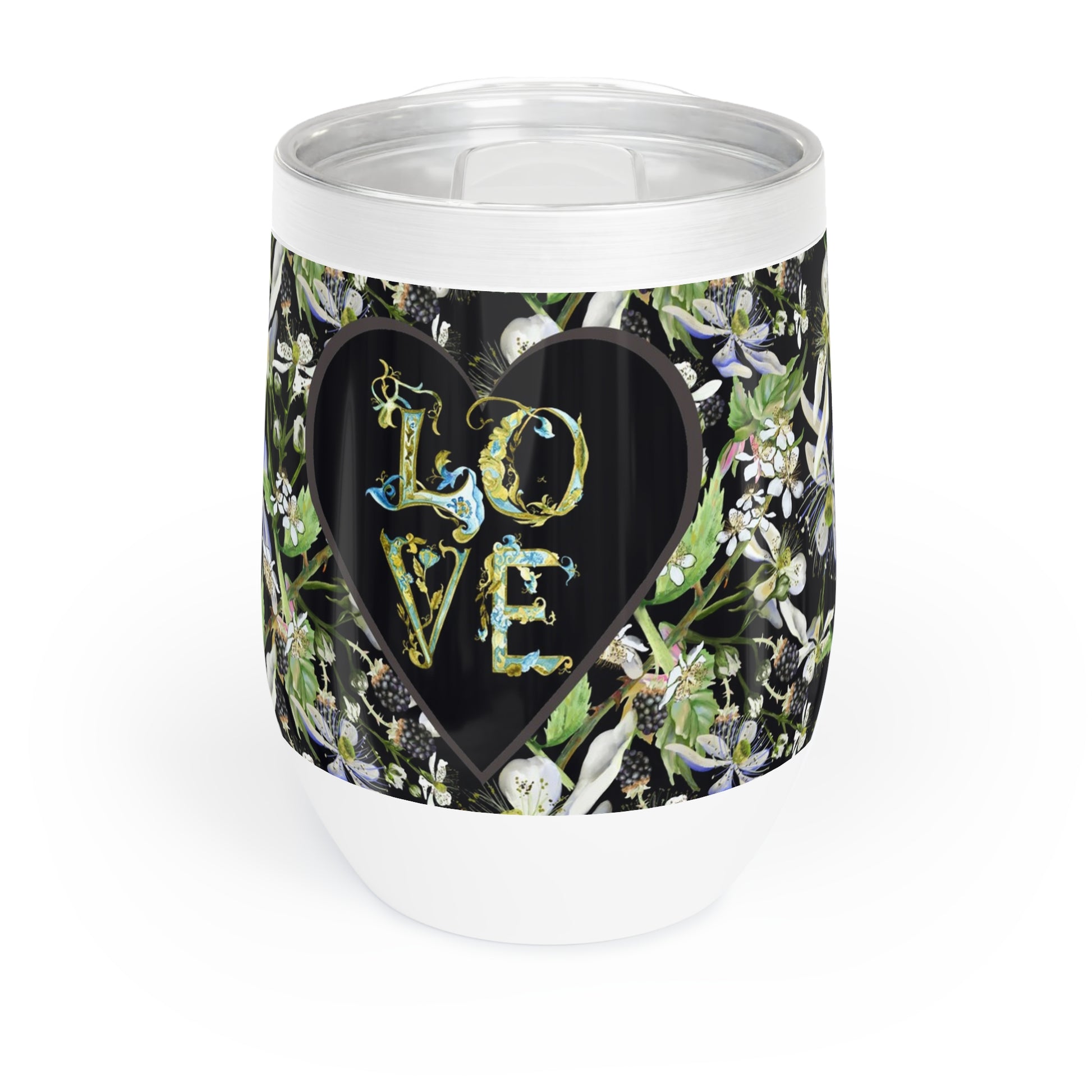 Tumbler with floral design and 'LOVE' text on a white background