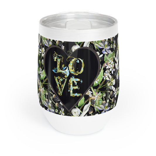 Tumbler with floral design and 'LOVE' text on a white background