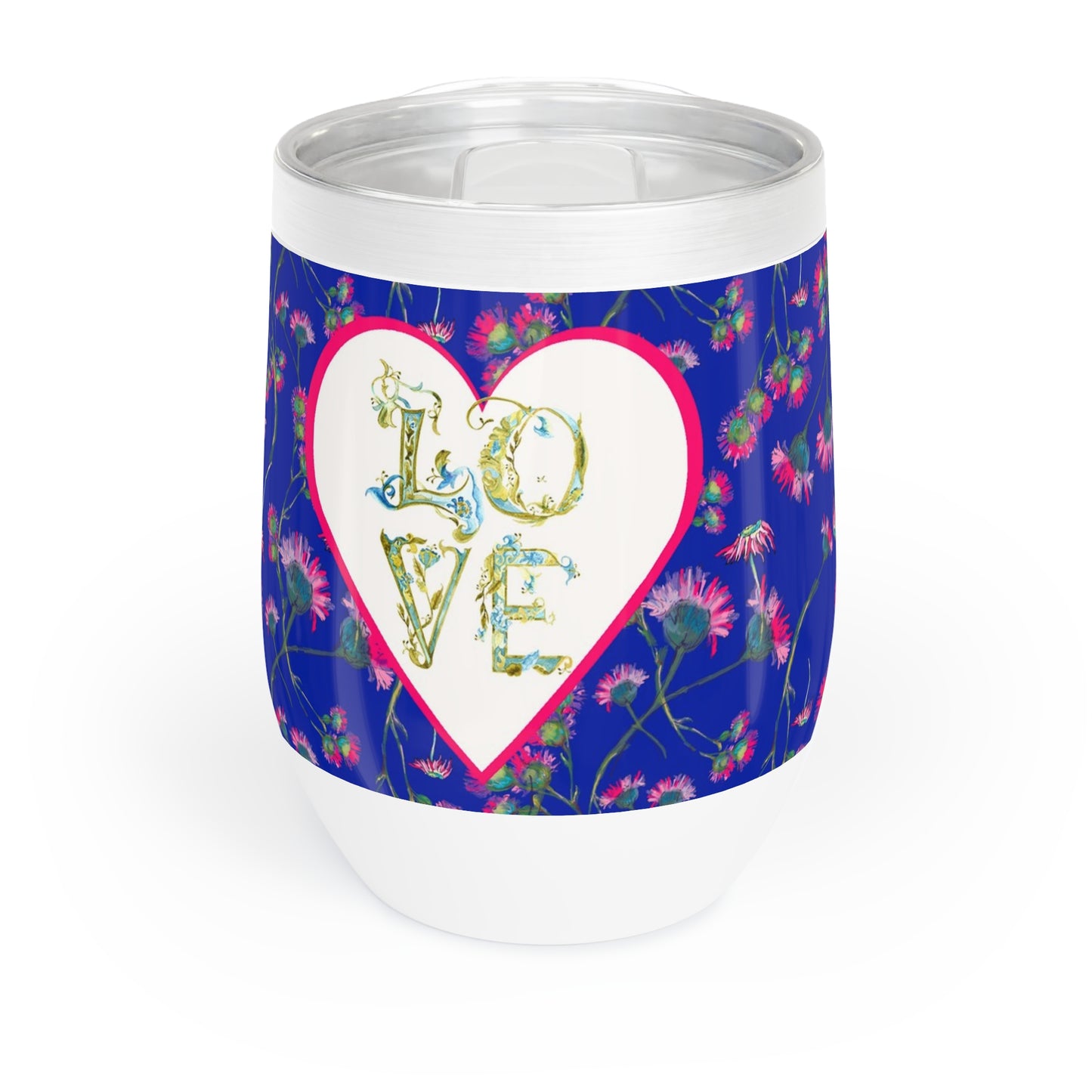 Wine Tumbler with bright blue and pink floral design and 'LOVE' text on a white background