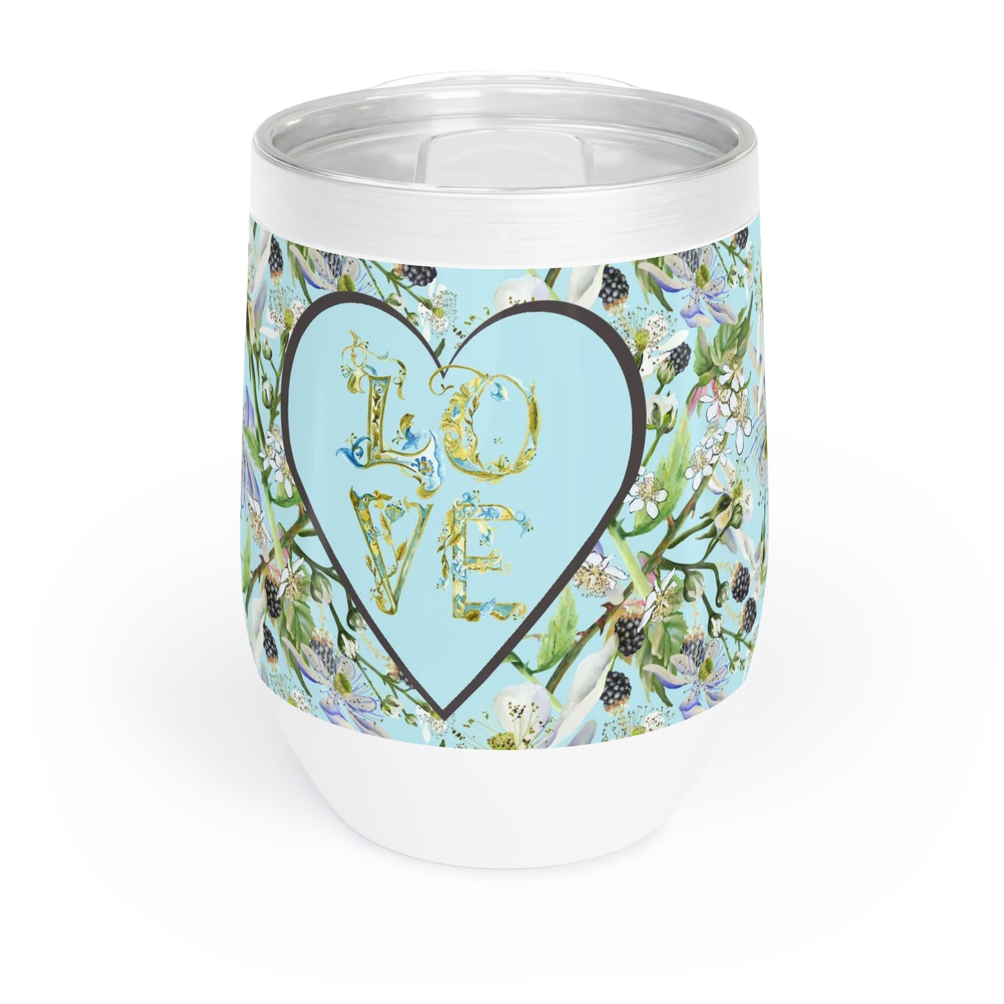 Wine tumbler with floral design and 'LOVE' text on a white background