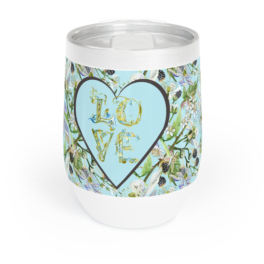 Wine tumbler with floral design and 'LOVE' text on a white background