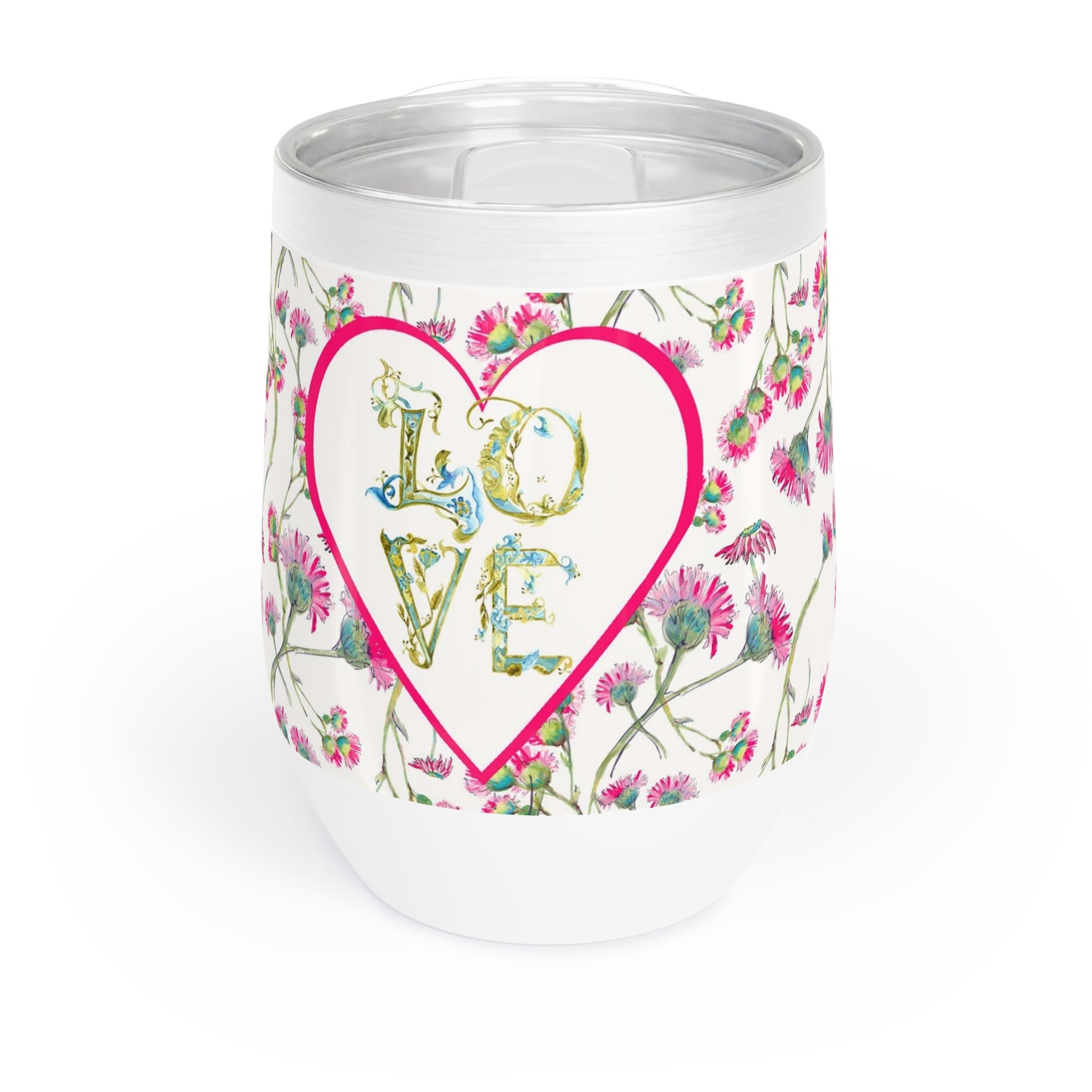 Wine Tumbler with floral design and 'LOVE' text on a white background