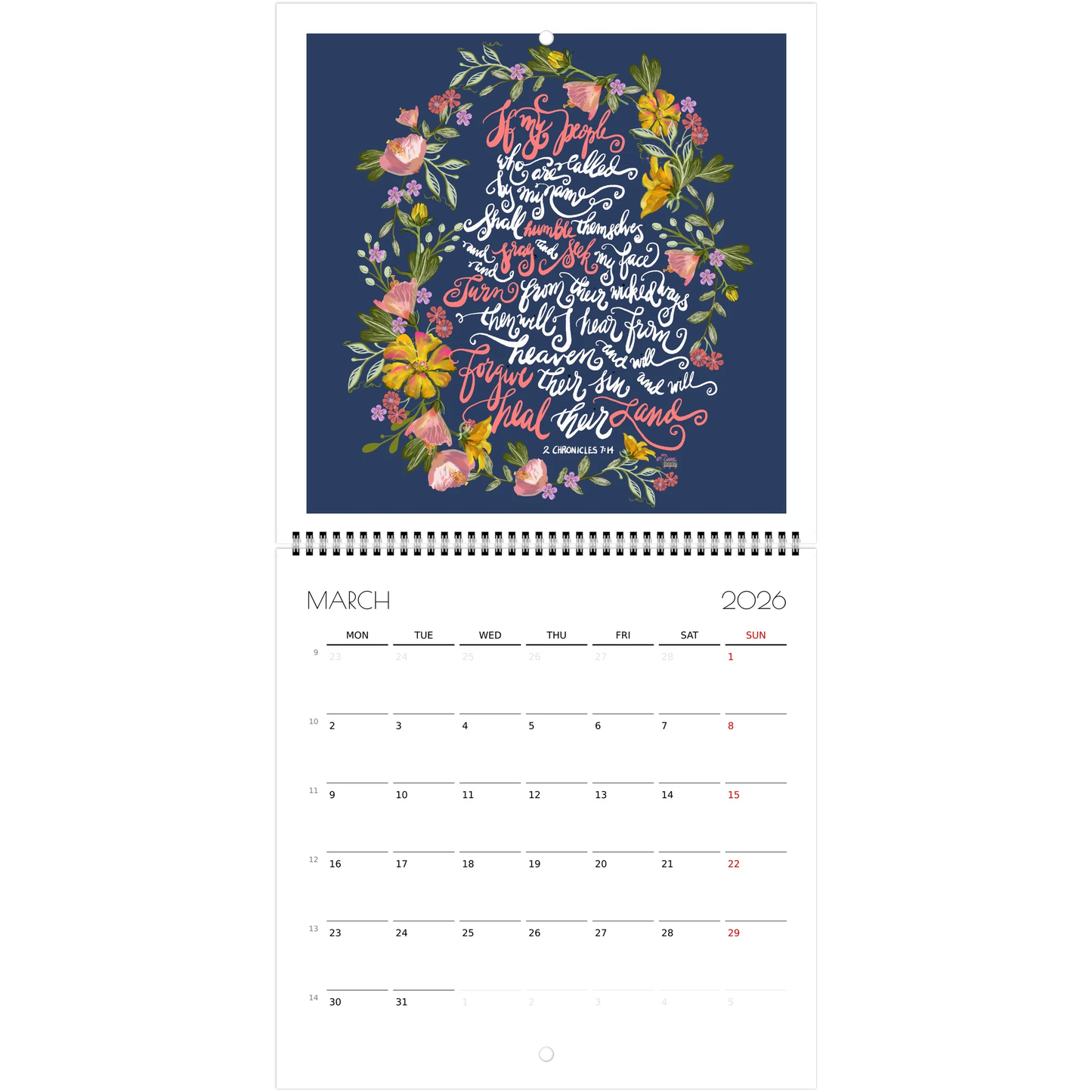 Calendar page for March 2026  with Bible verse If My People and floral border