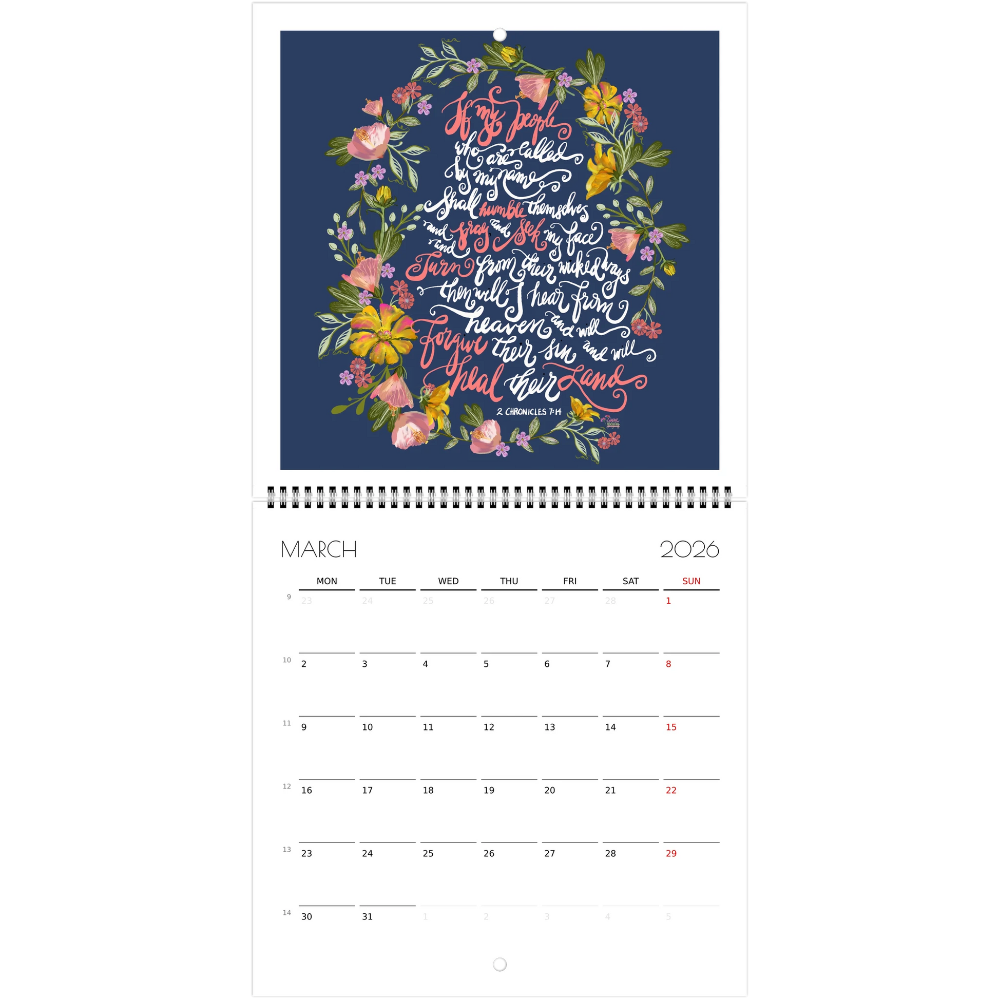 Calendar page for March 2026  with Bible verse If My People and floral border