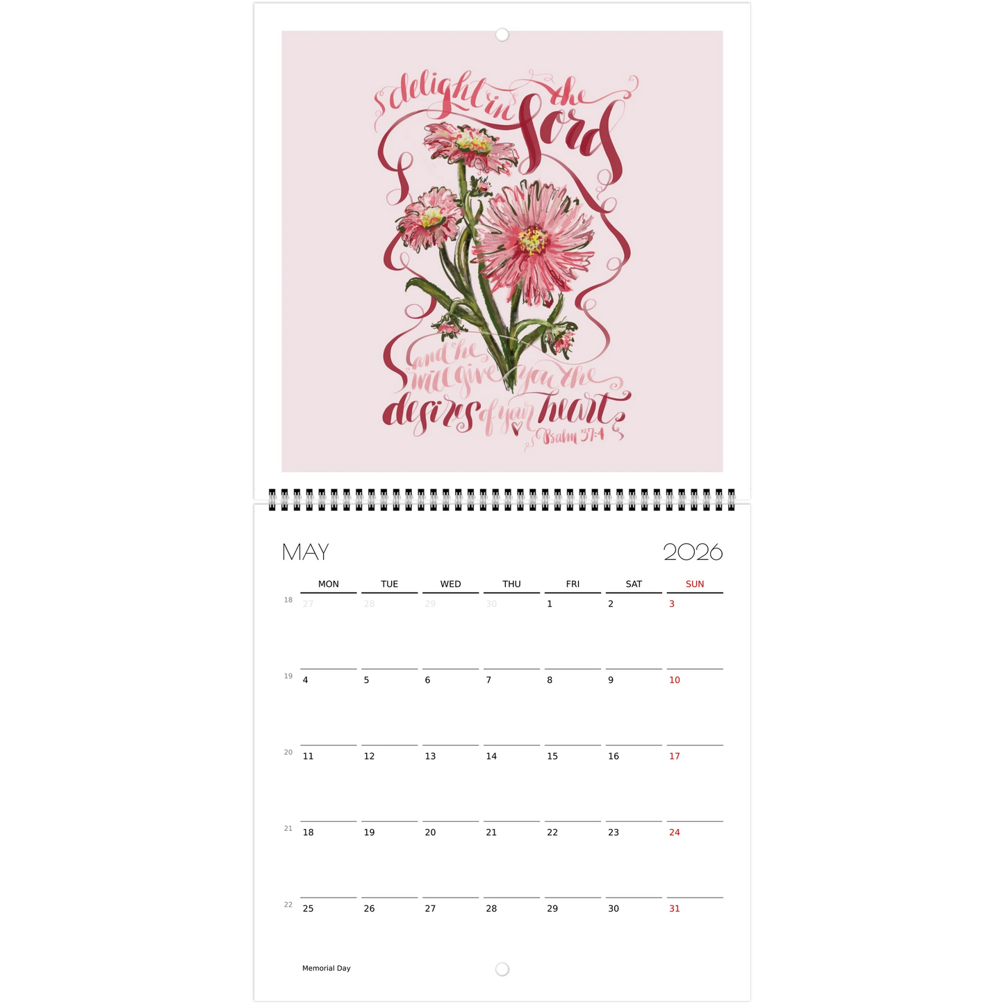 Calendar page for May 2026 with Bible verse Delight in the Lord and floral border