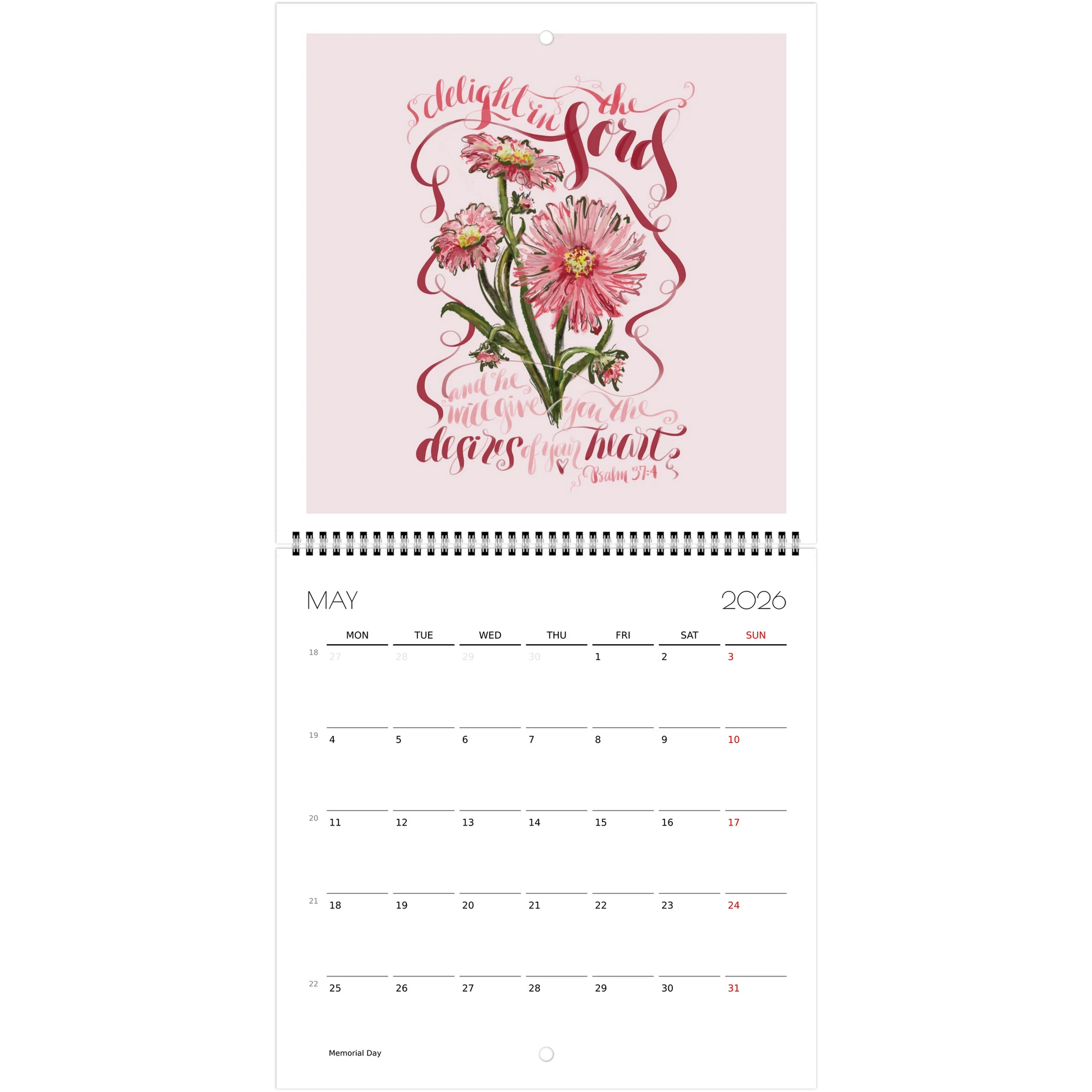 Calendar page for May 2026 with Bible verse Delight in the Lord and floral border