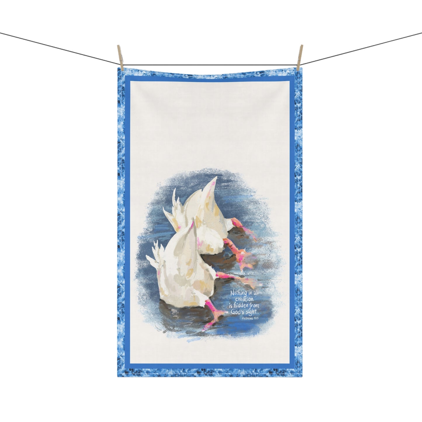 Tea towel with two ducks in blue pond with Bible Verse Nothing is Hidden from God on a white background