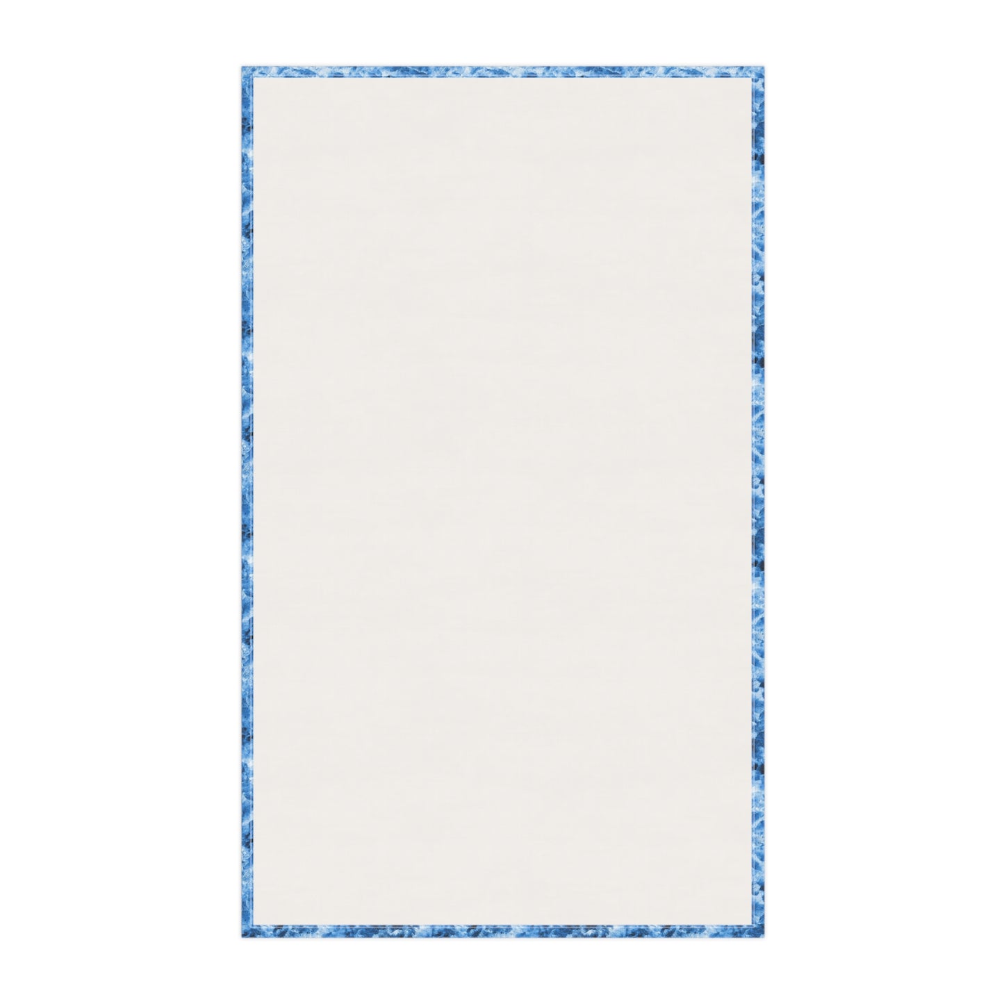 Back side of tea towel with blue border on a white background
