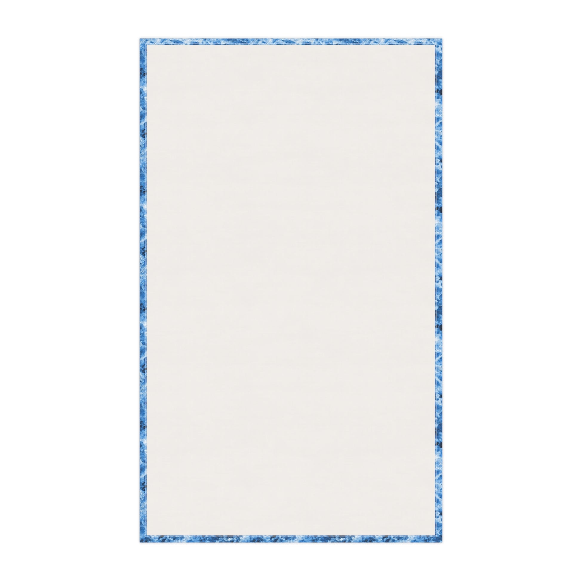 Back side of tea towel with blue border on a white background
