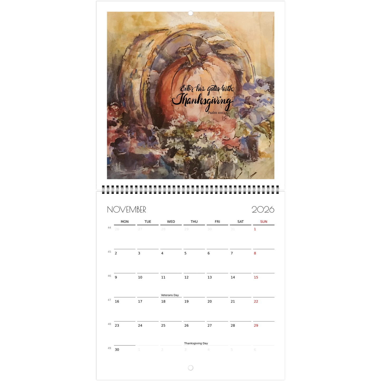 Calendar page for November 2026 with pumpkin and Bible verse "Enter his gates with Thanksgiving"