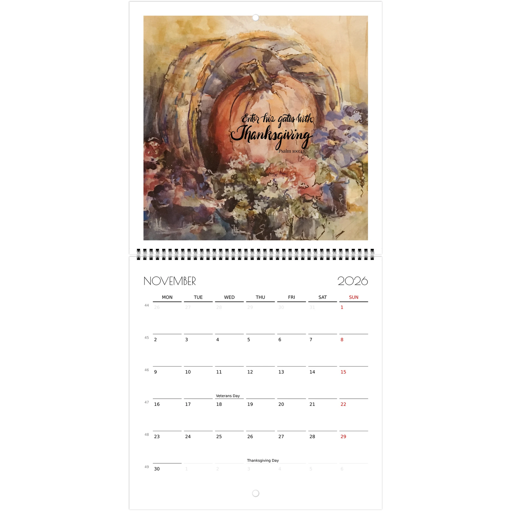 Calendar page for November 2026 with pumpkin and Bible verse "Enter his gates with Thanksgiving"
