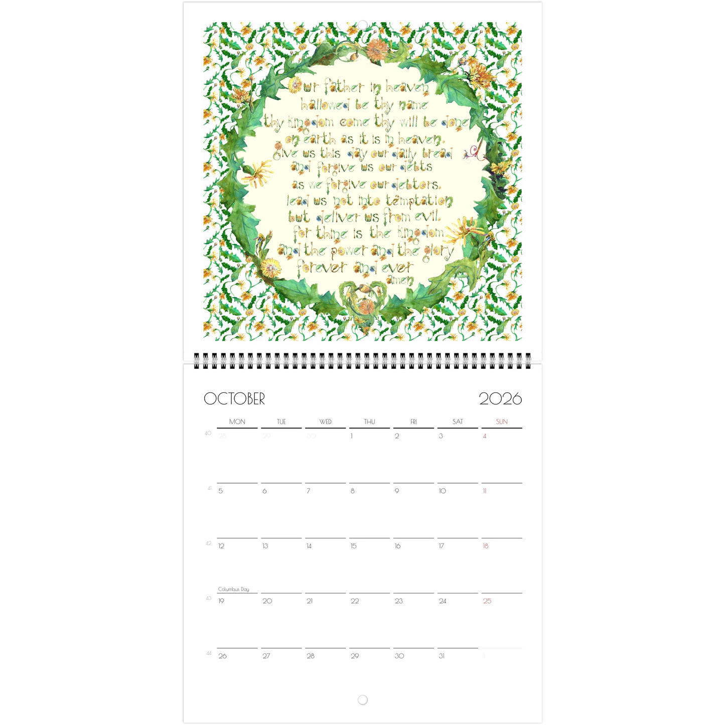 Calendar page for October 2026 with the Lord's Prayer and dandelion floral border