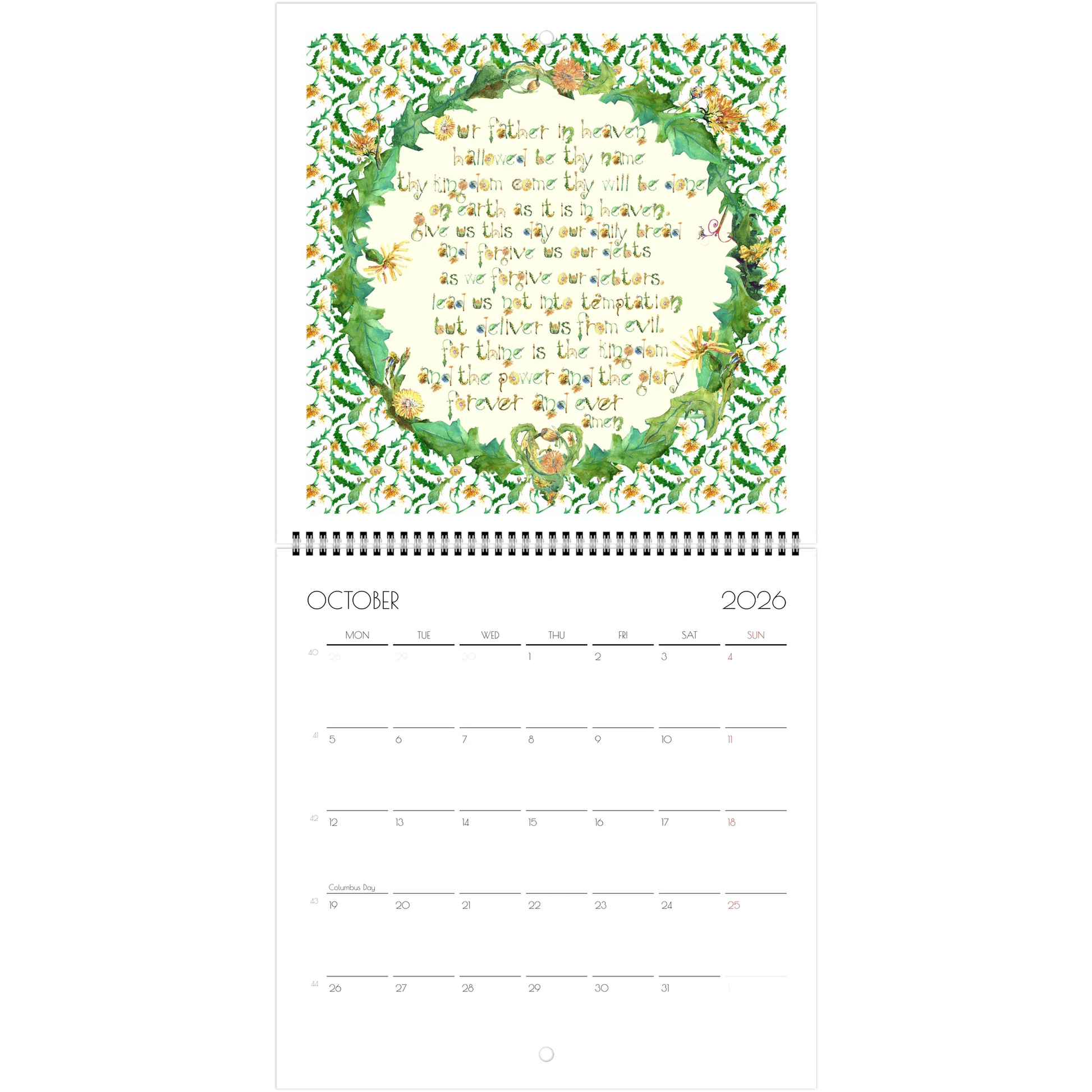 Calendar page for October 2026 with the Lord's Prayer and dandelion floral border
